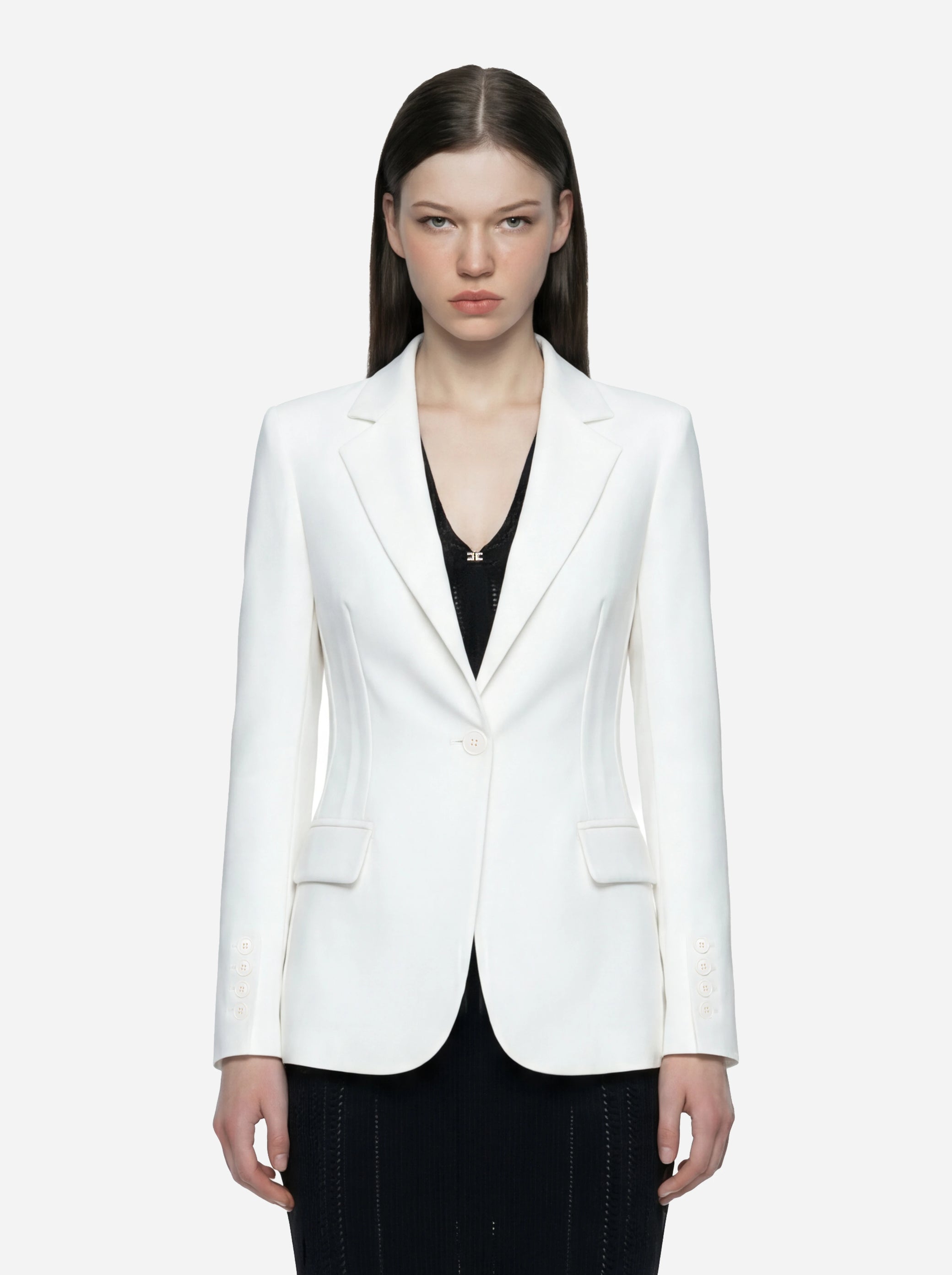 Blazer bianco in doppio crepe stretch con motivi a taglio vivo