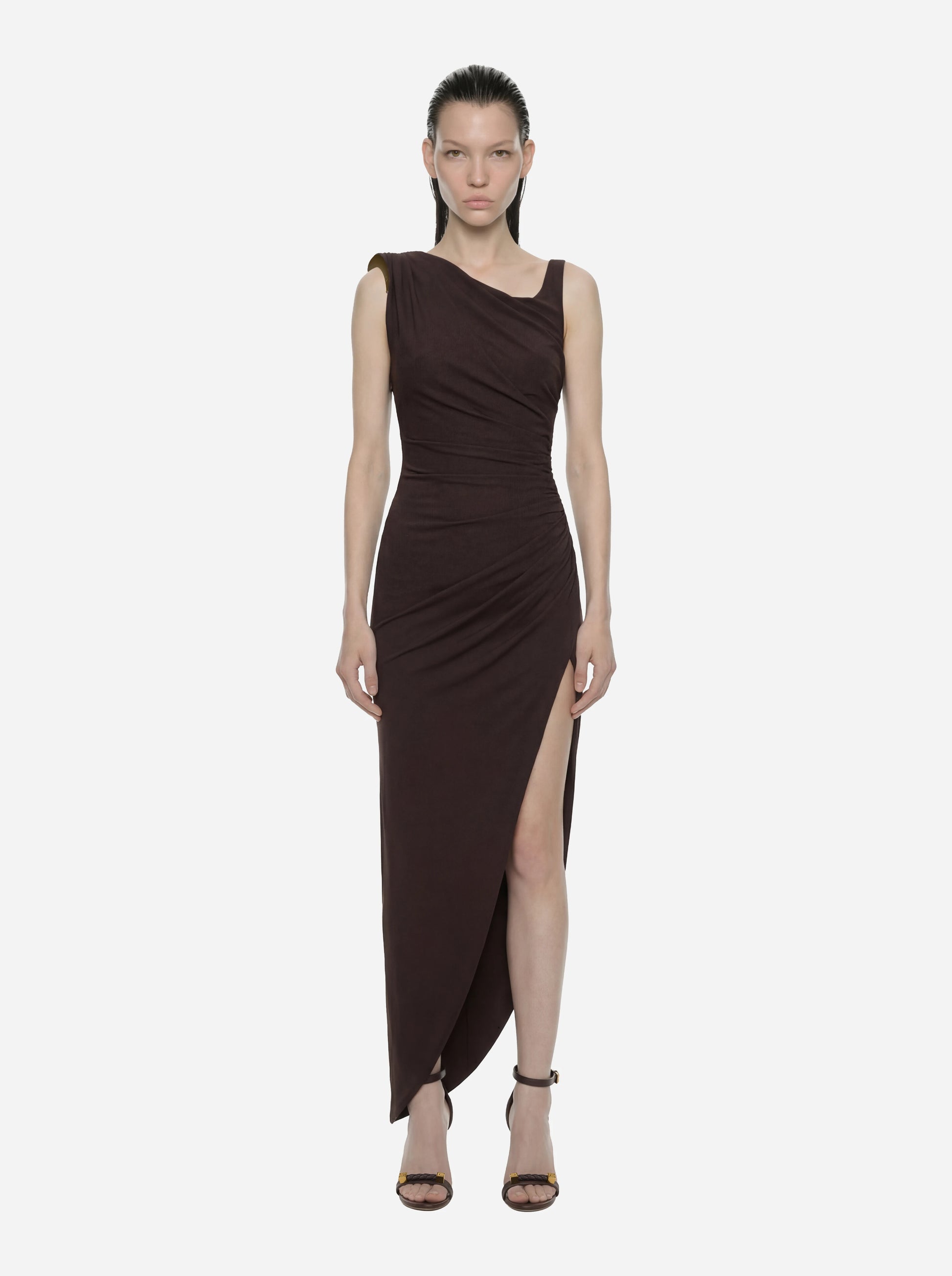 Abito in jersey marrone crepe con spallina gioiello