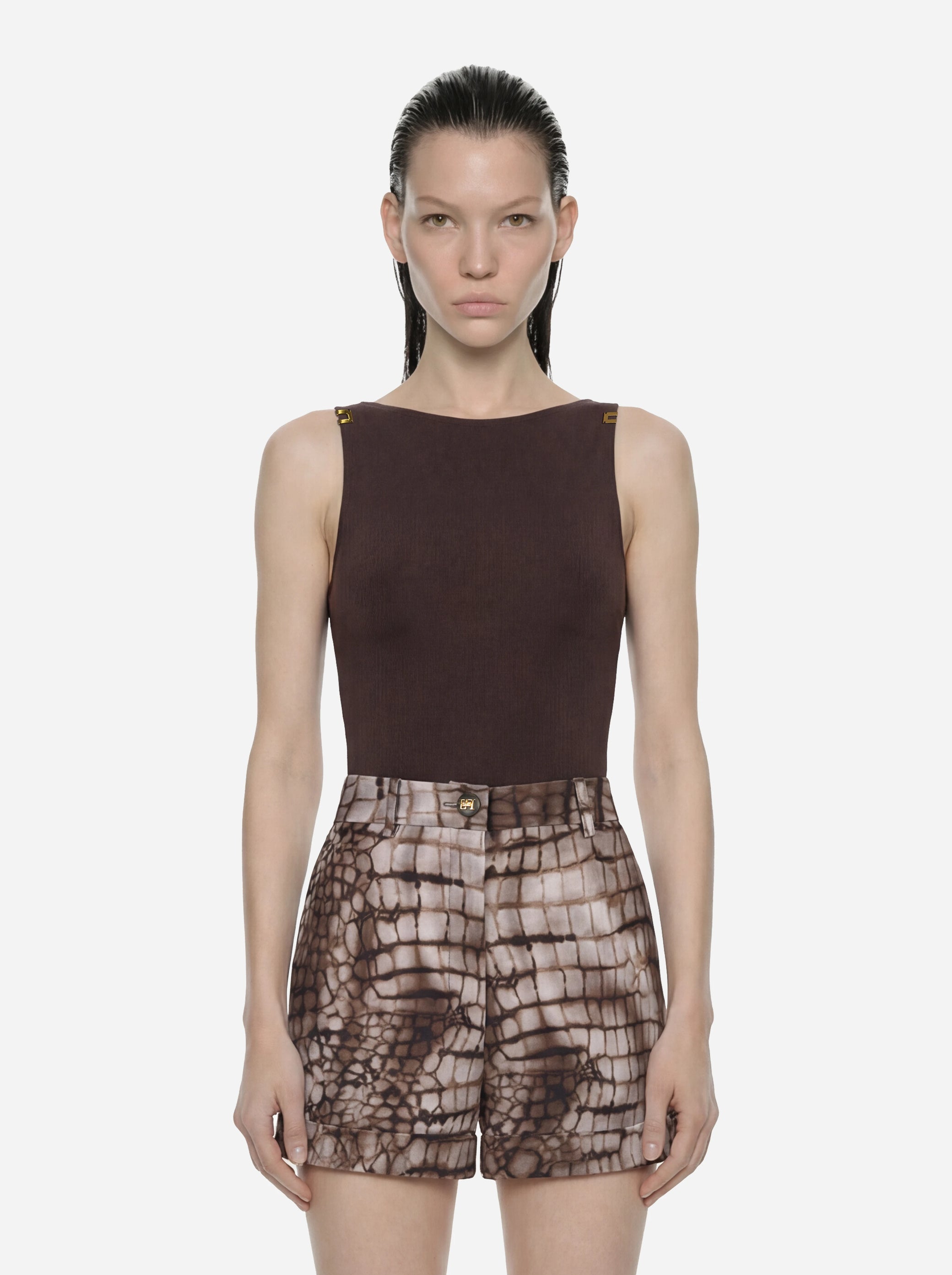 Body in jersey crepe con dettagli logo Marrone