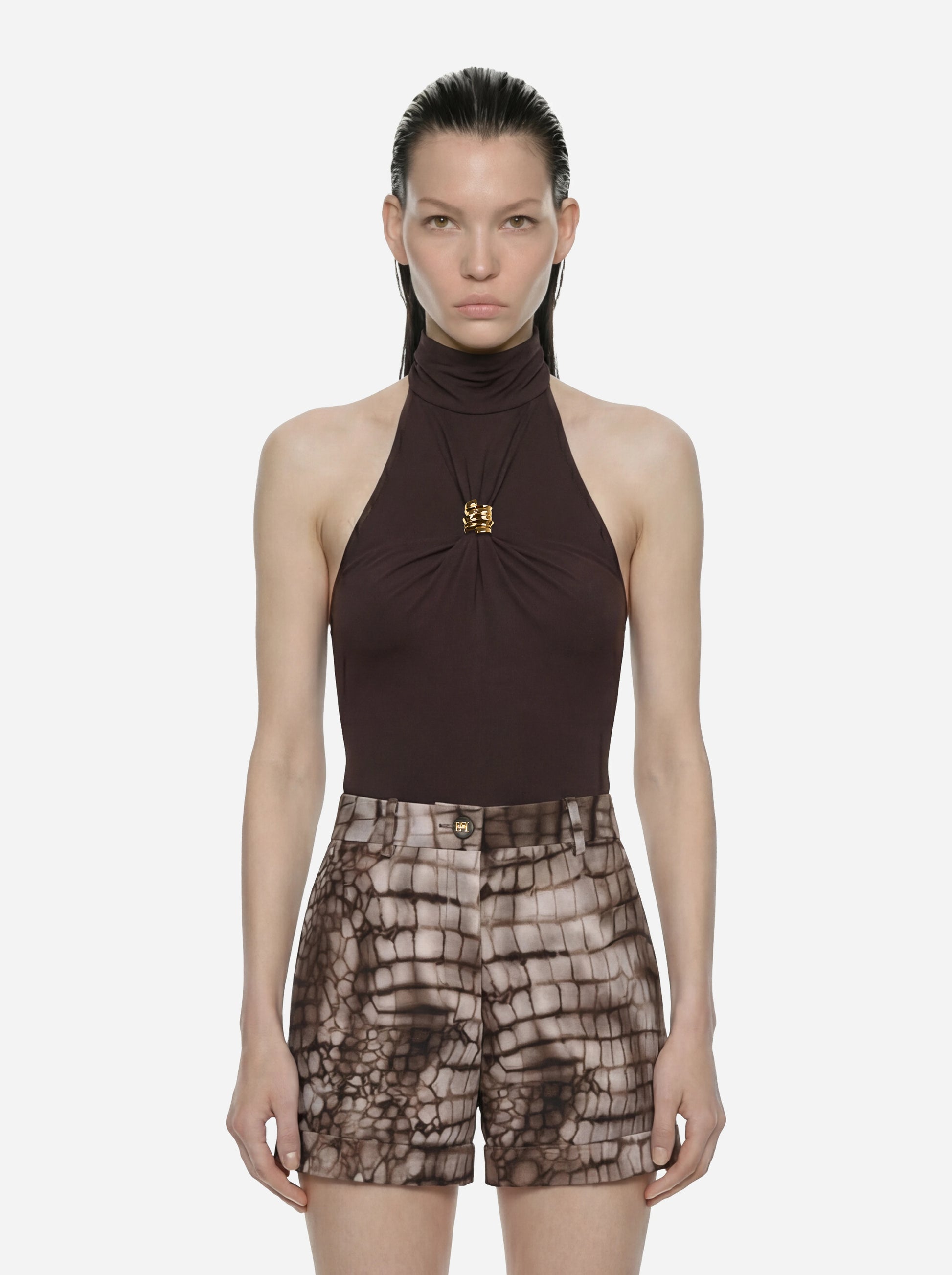 Body in jersey marrone crepe con dettaglio gioiello