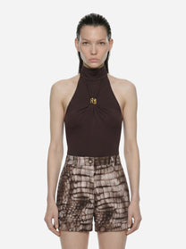Body in jersey marrone crepe con dettaglio gioiello