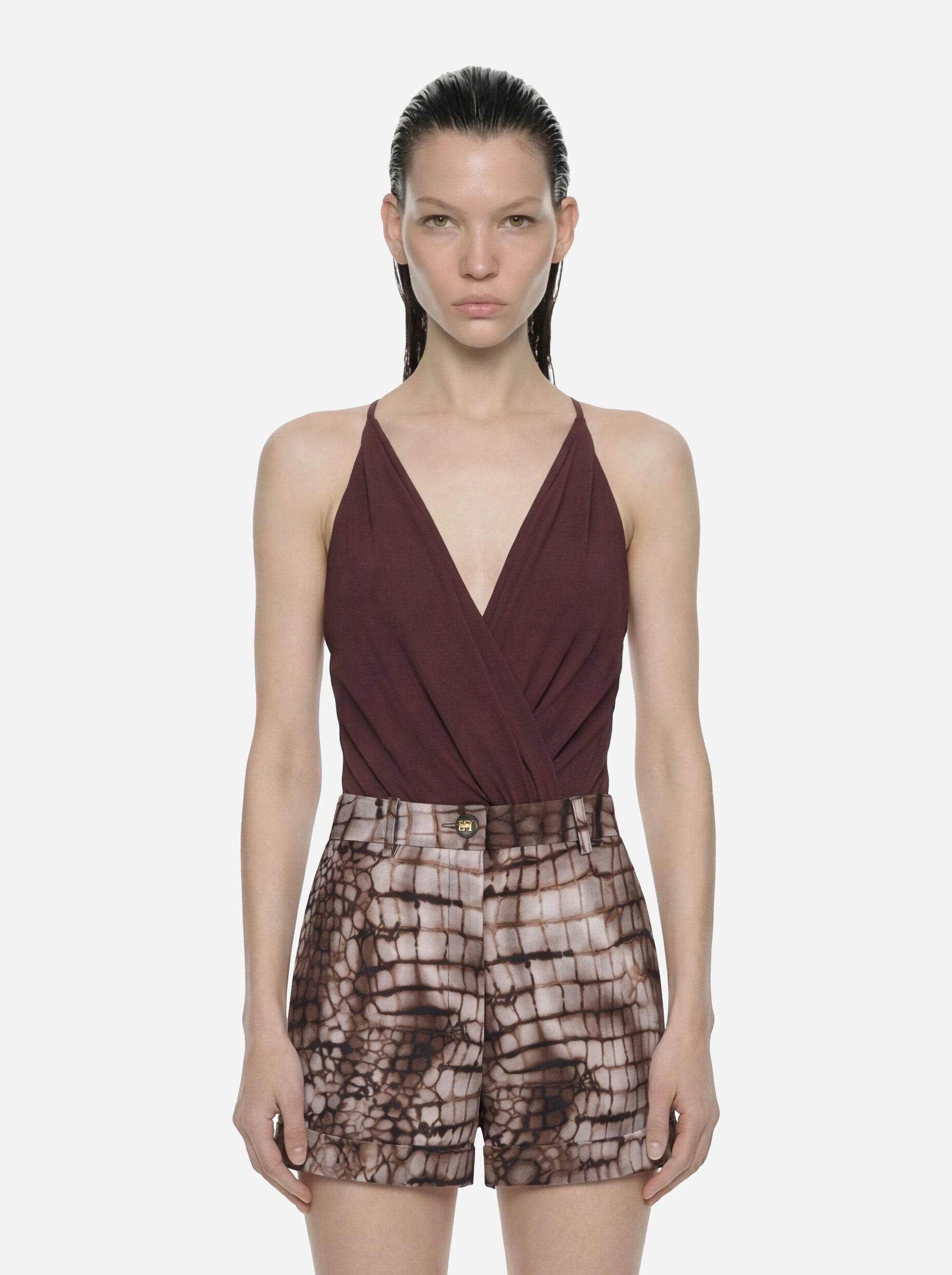 Body in georgette di viscosa marrone