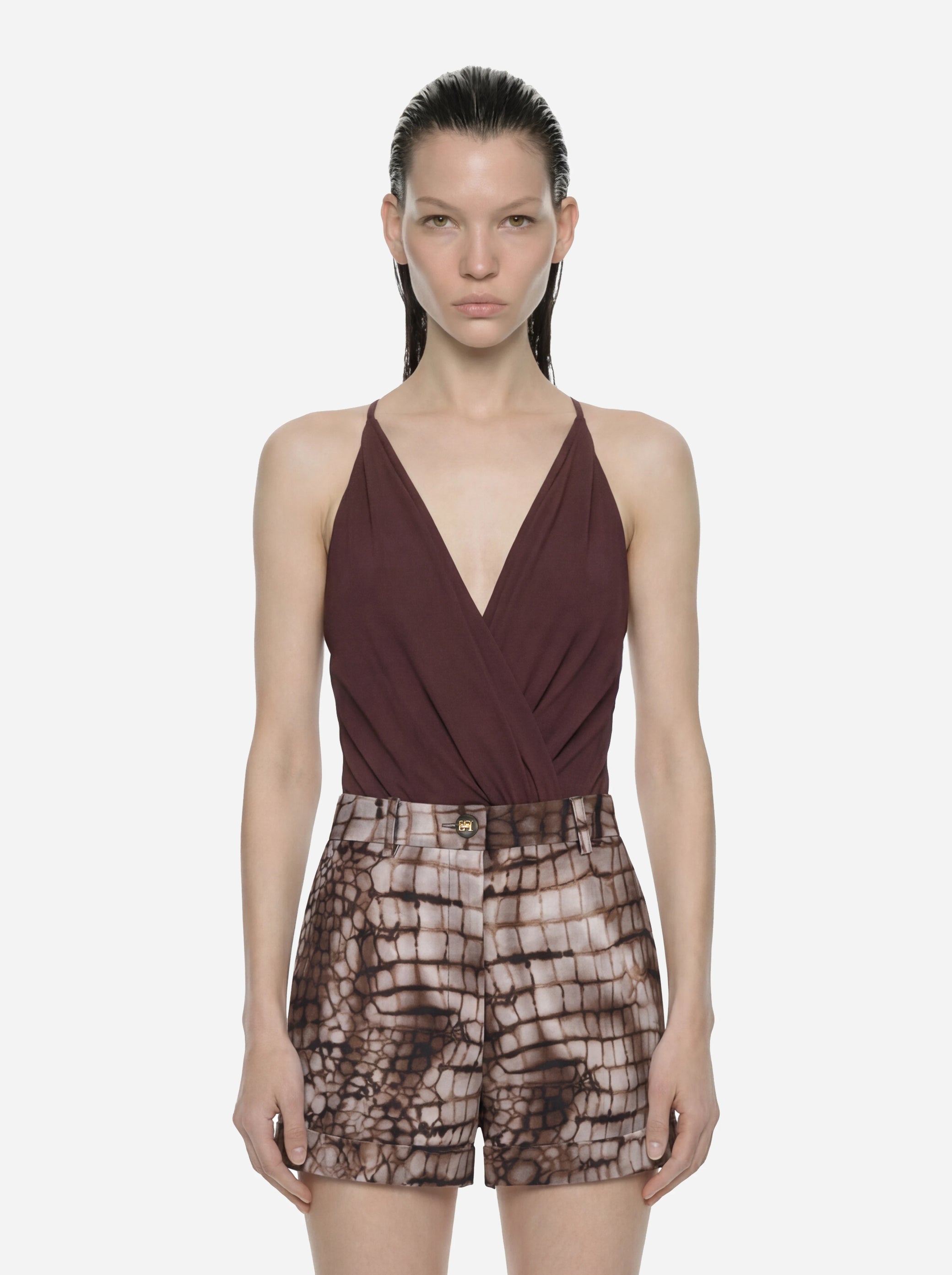 Body in georgette di viscosa marrone