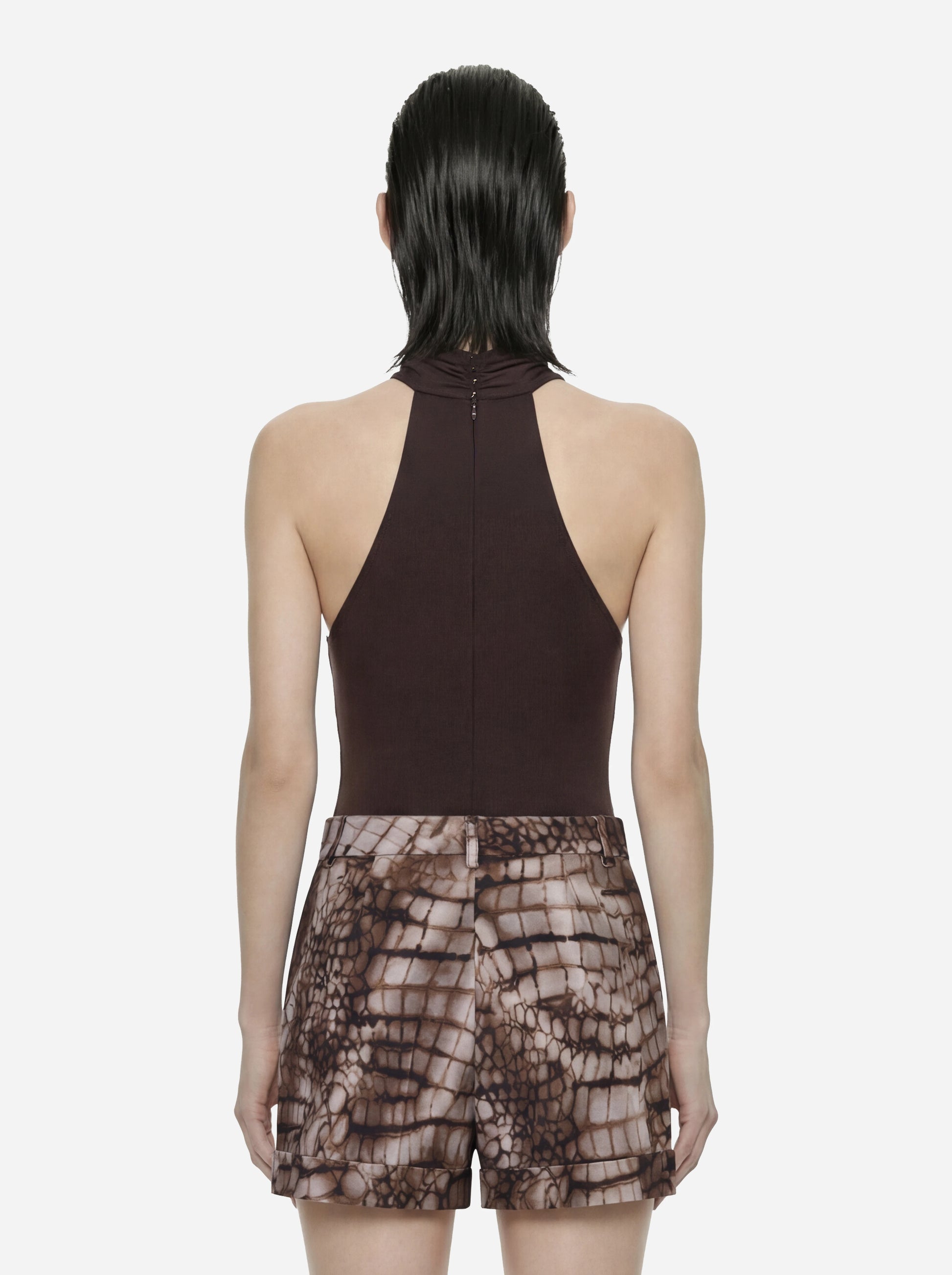 Body in jersey marrone crepe con dettaglio gioiello