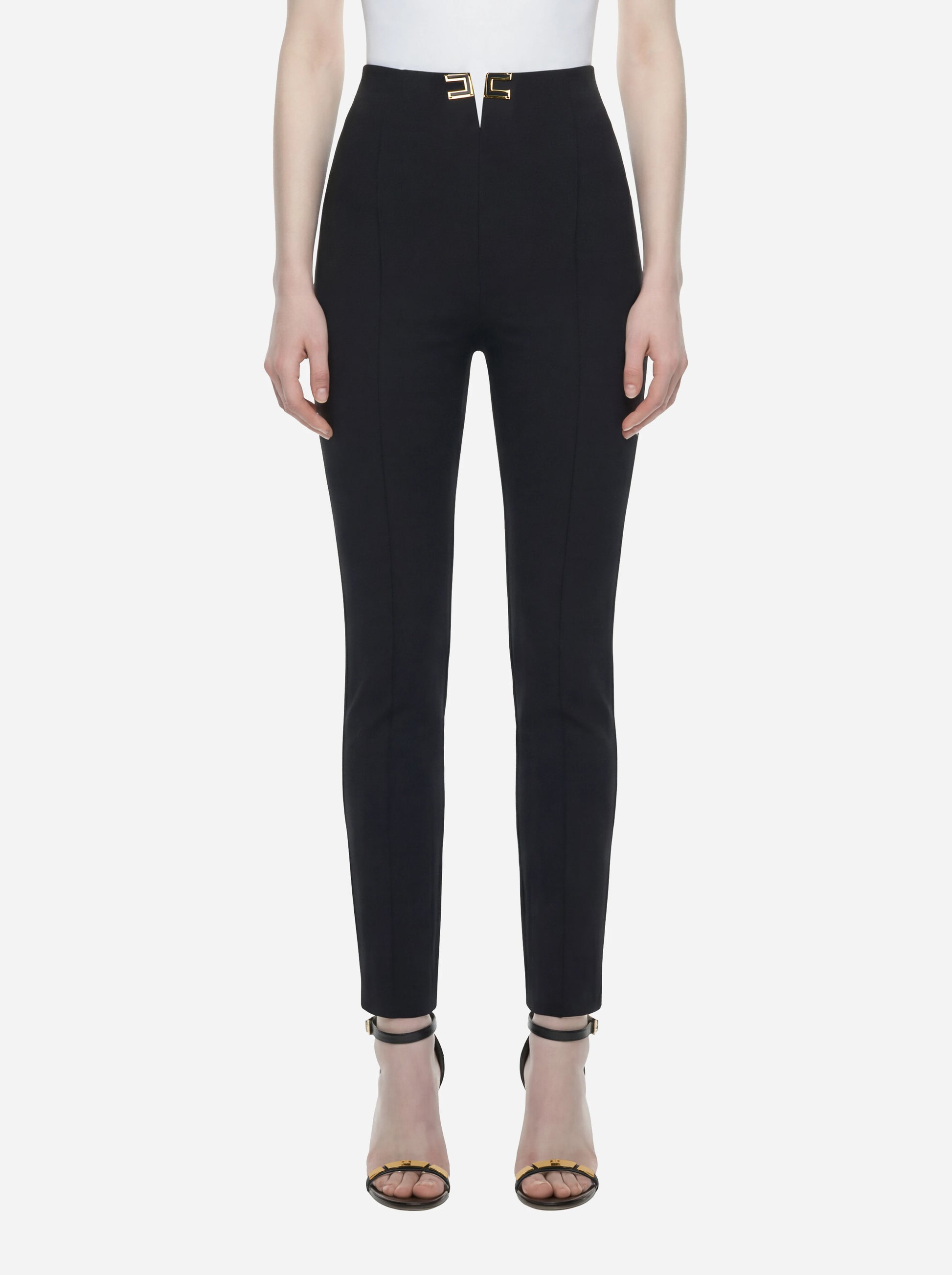Pantalone nero in doppio crepe stretch con dettagli logo