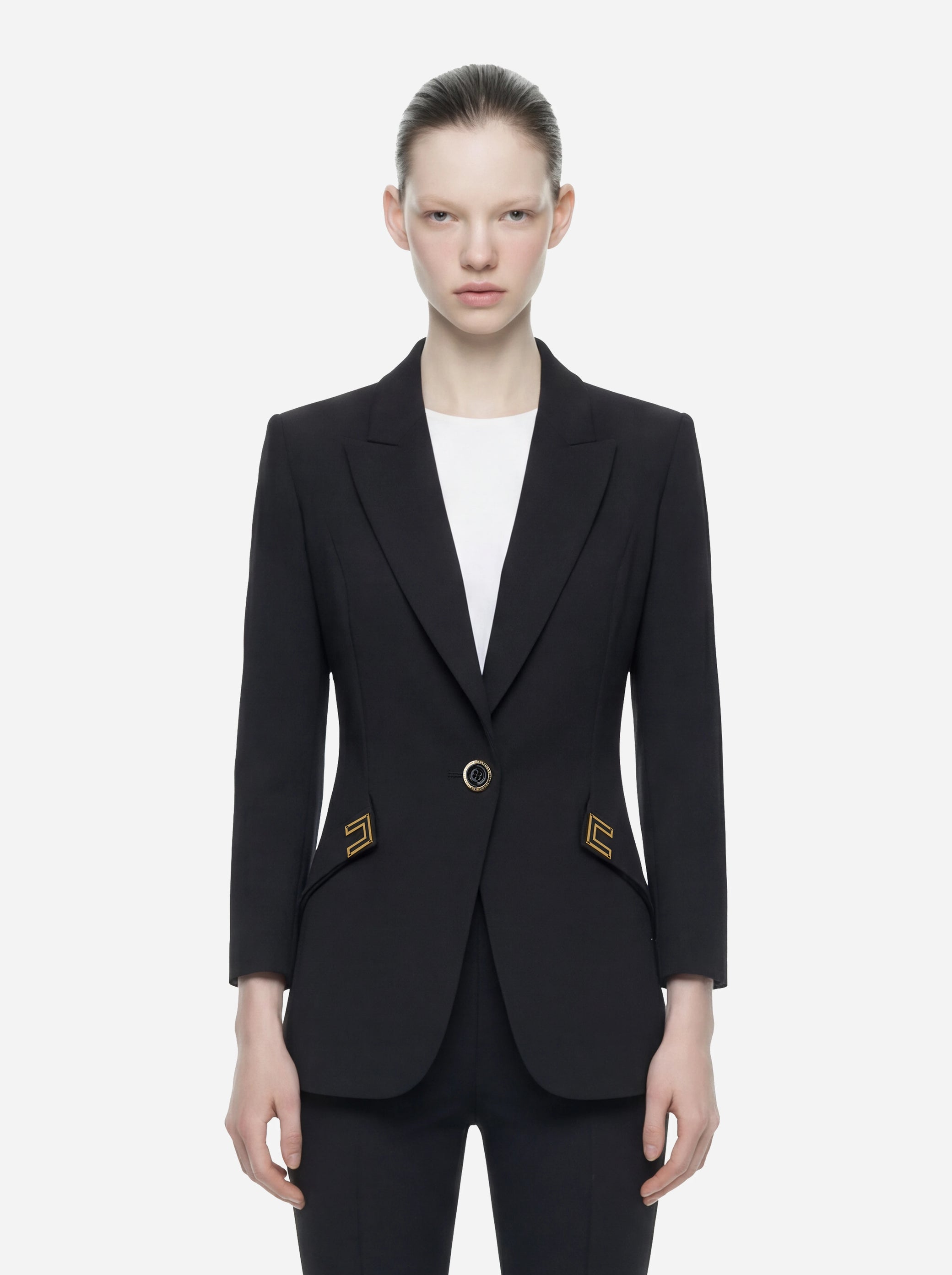 Blazer nero in doppio crepe stretch con dettagli logo