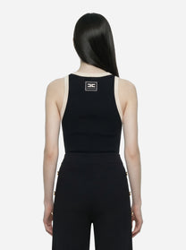 Top in maglia nero con bande in viscosa lucida con cintura