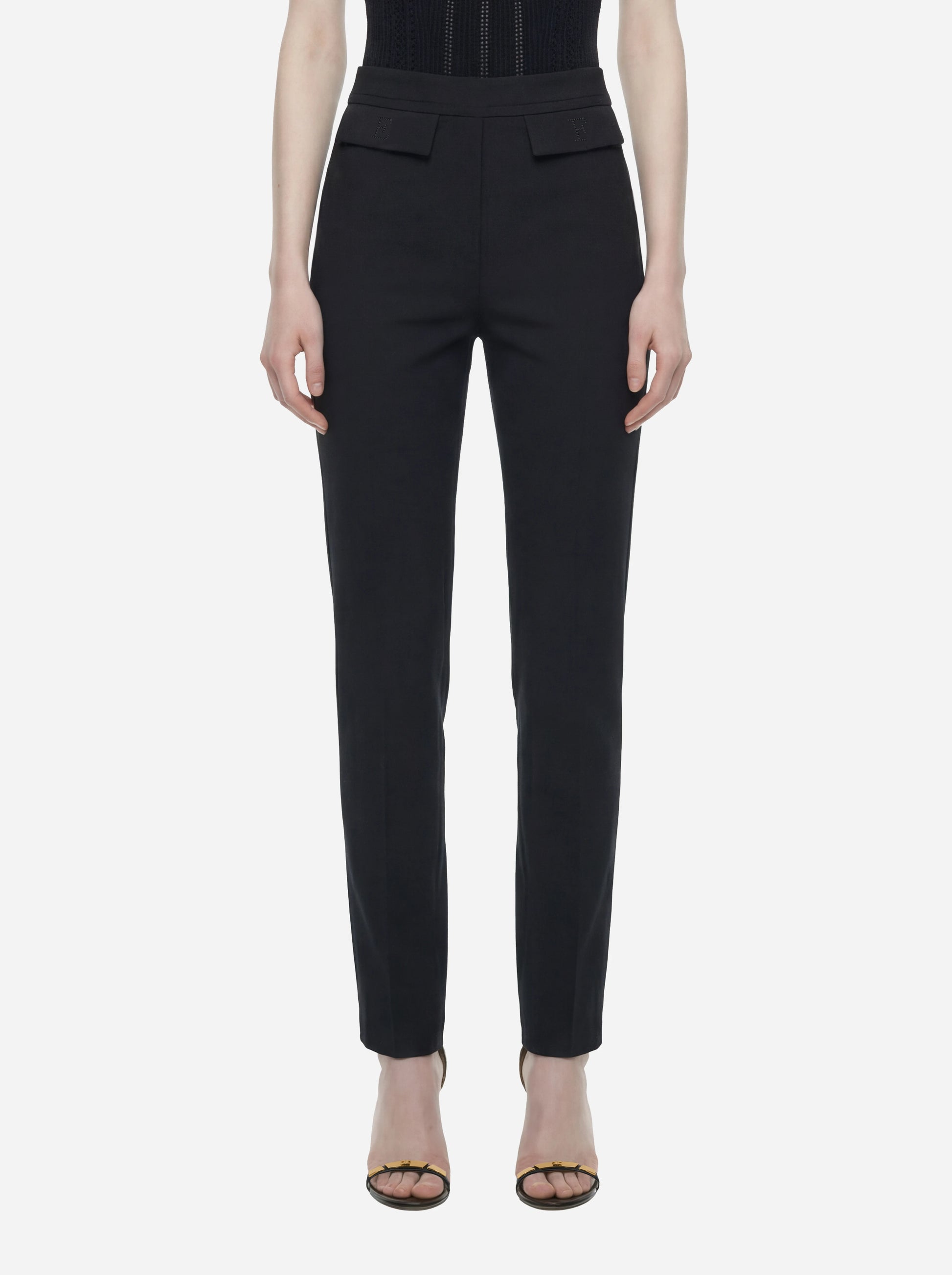Pantalone nero in doppio crepe stretch con logo ricamato