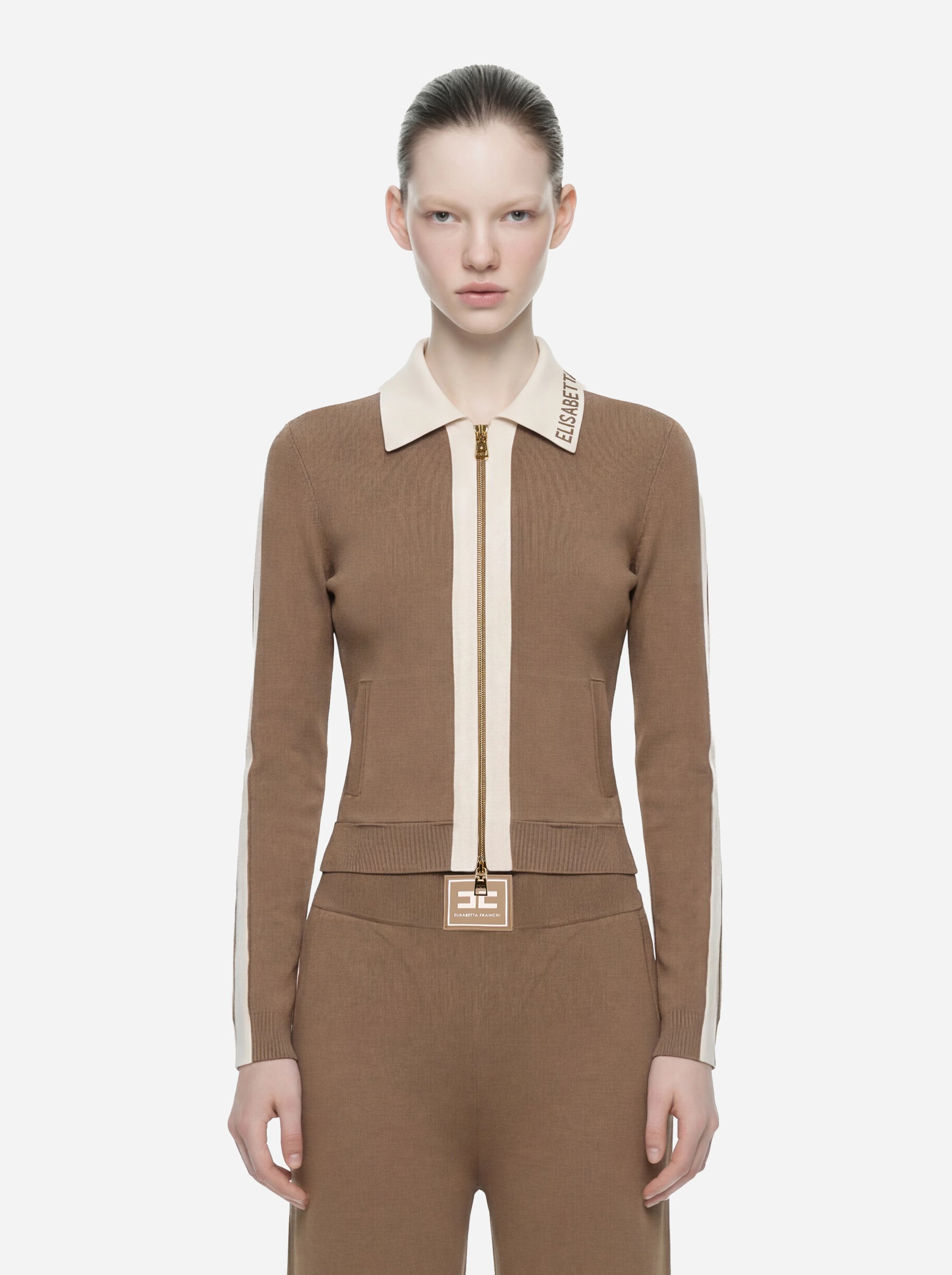Giacca in maglia beige con bande in viscosa lucida