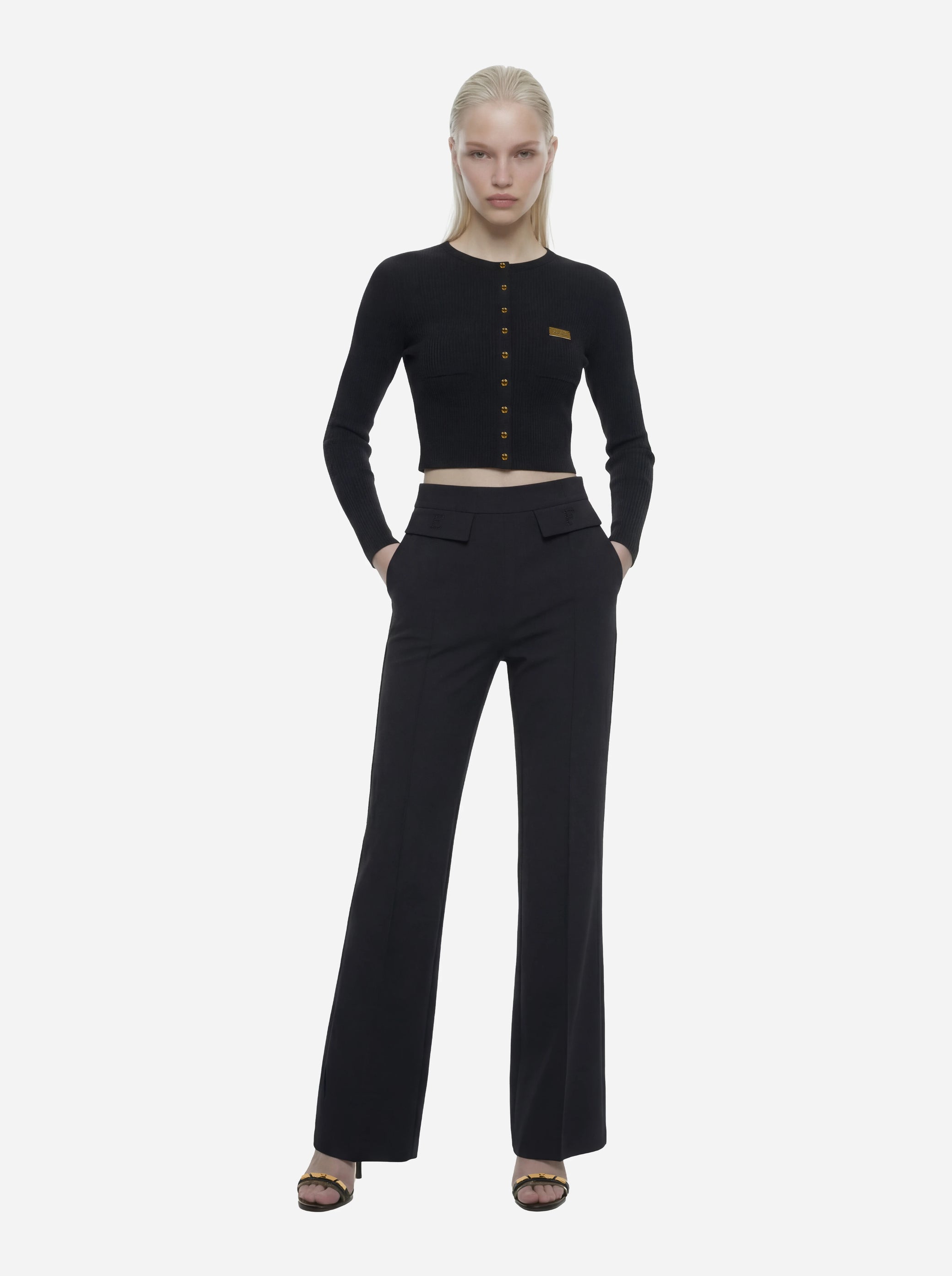 Pantaloni in doppio crepe stretch nero con logo ricamato