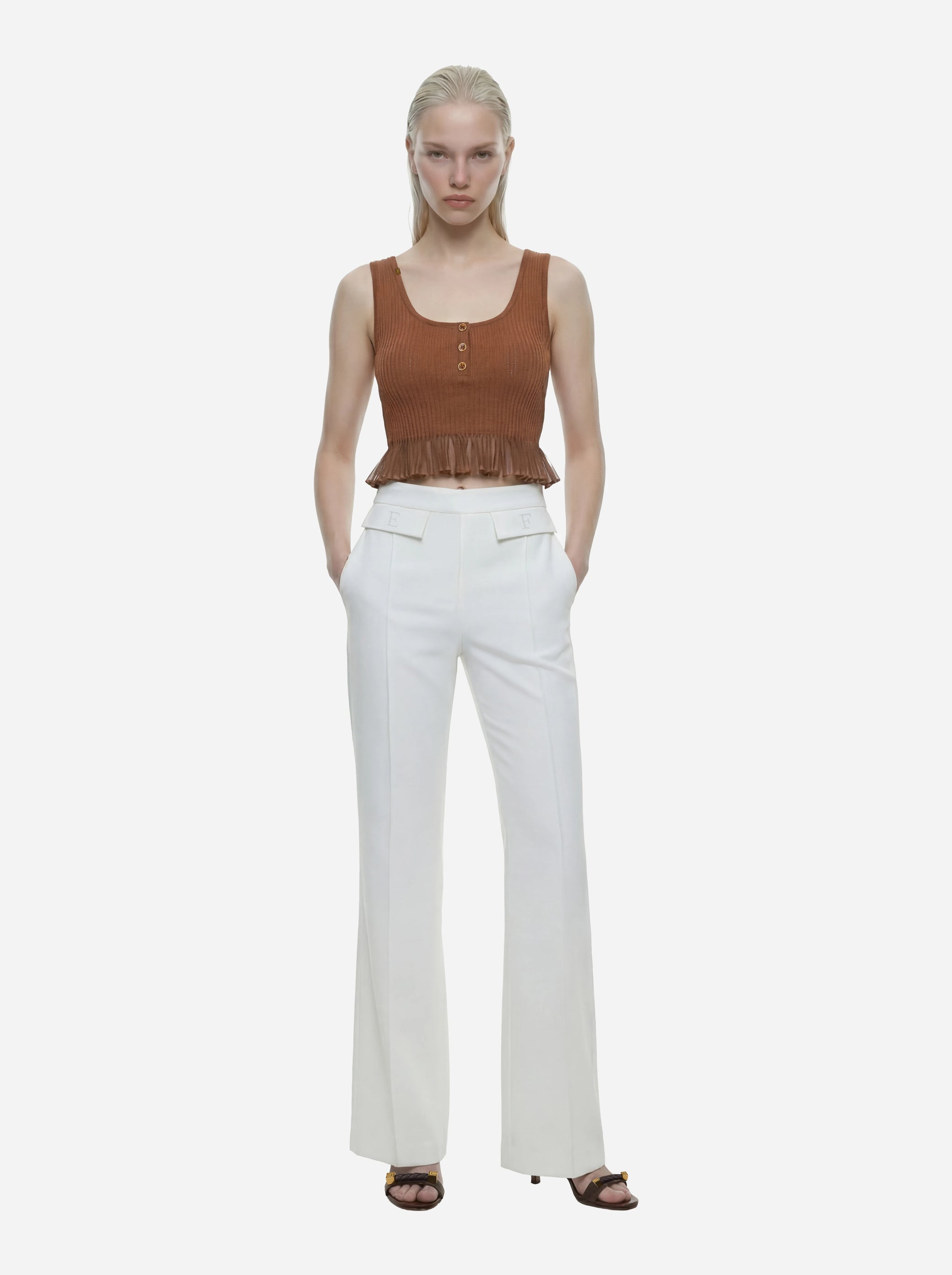 Pantaloni in doppio crepe stretch bianco con logo ricamato