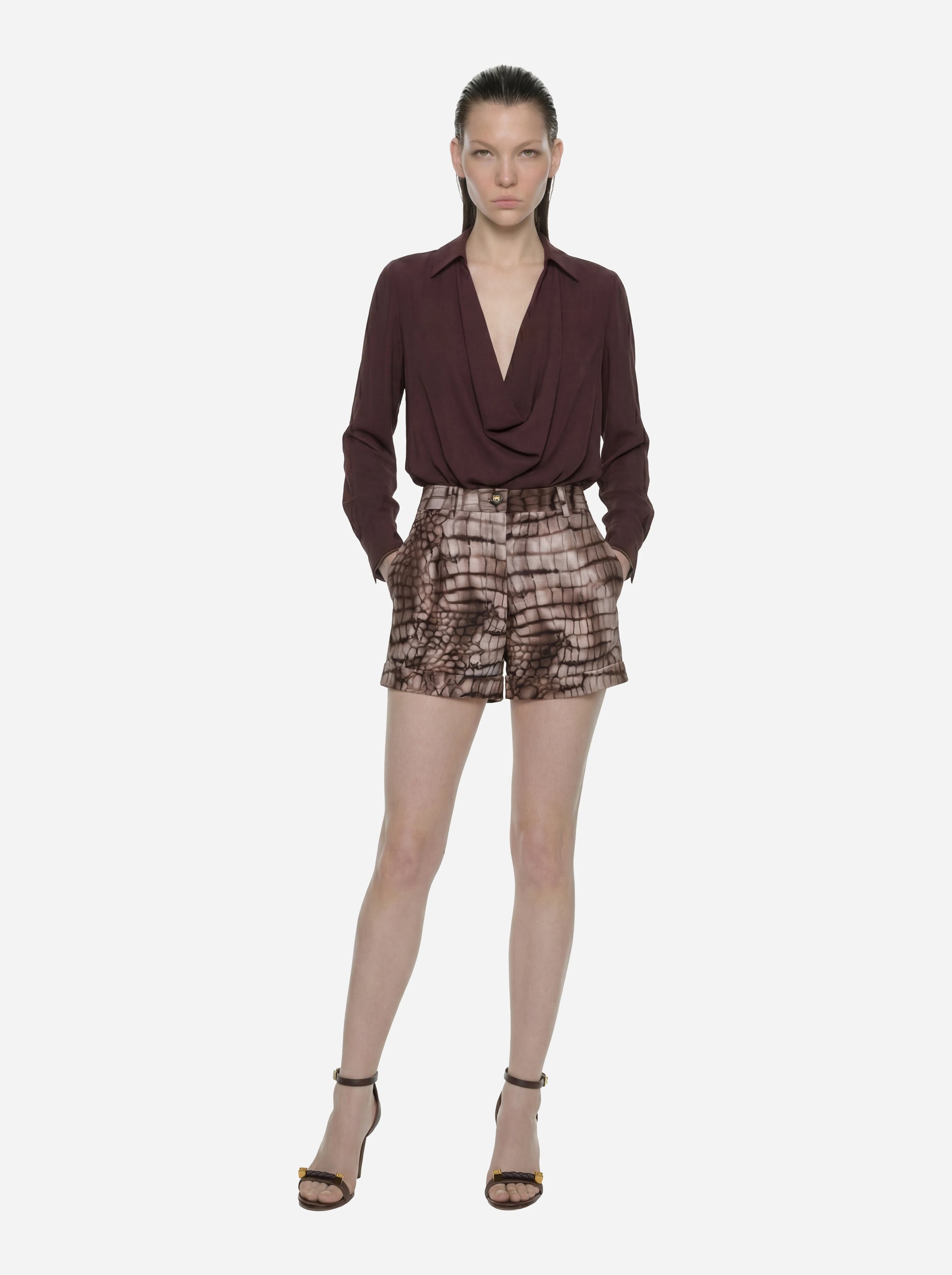 Body in georgette di viscosa marrone