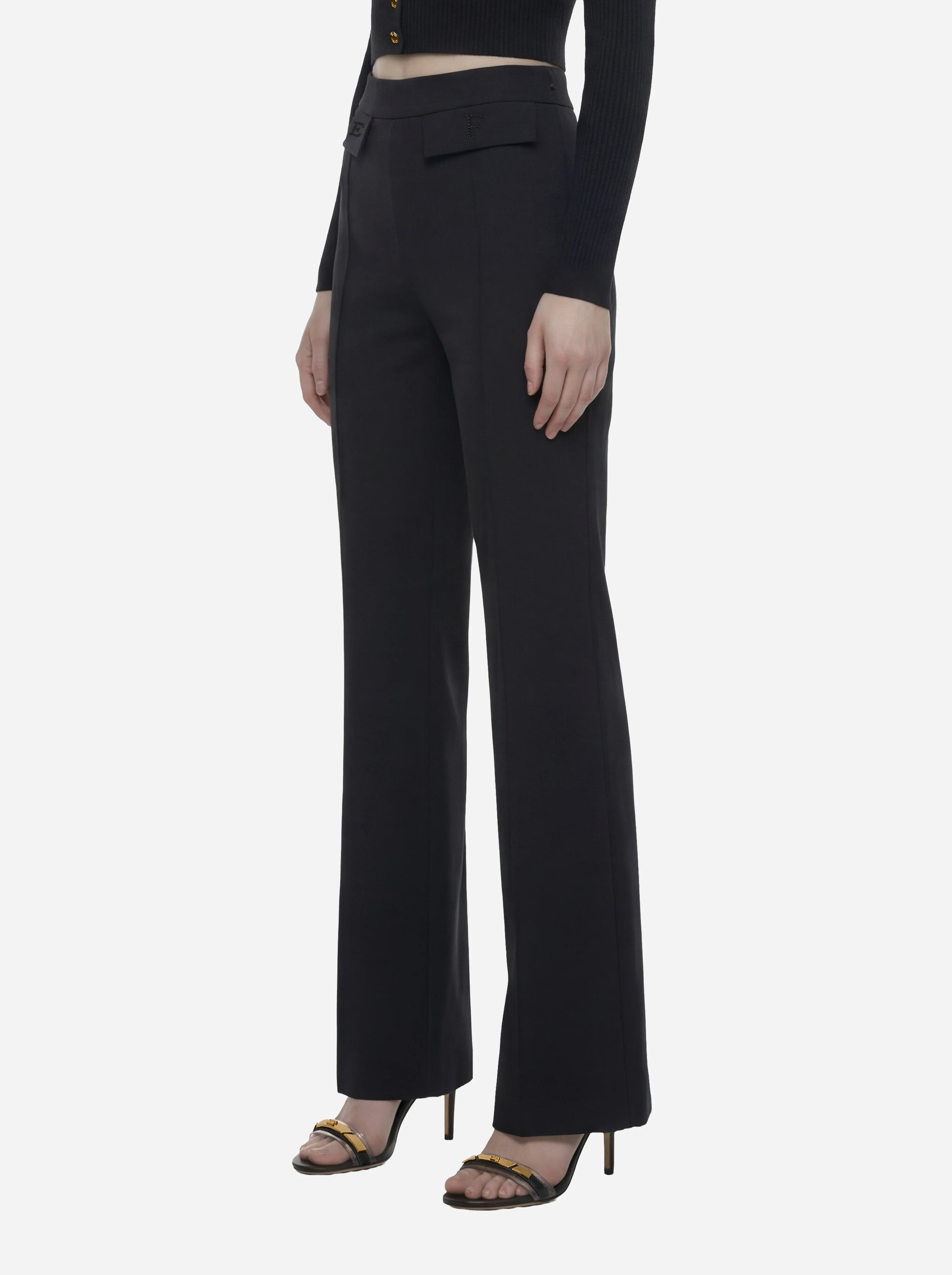 Pantaloni in doppio crepe stretch nero con logo ricamato