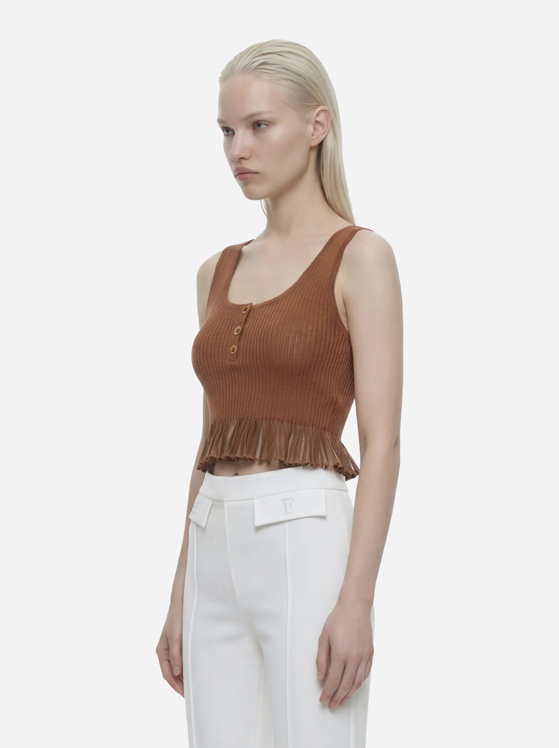 Top in maglia marrone a jour