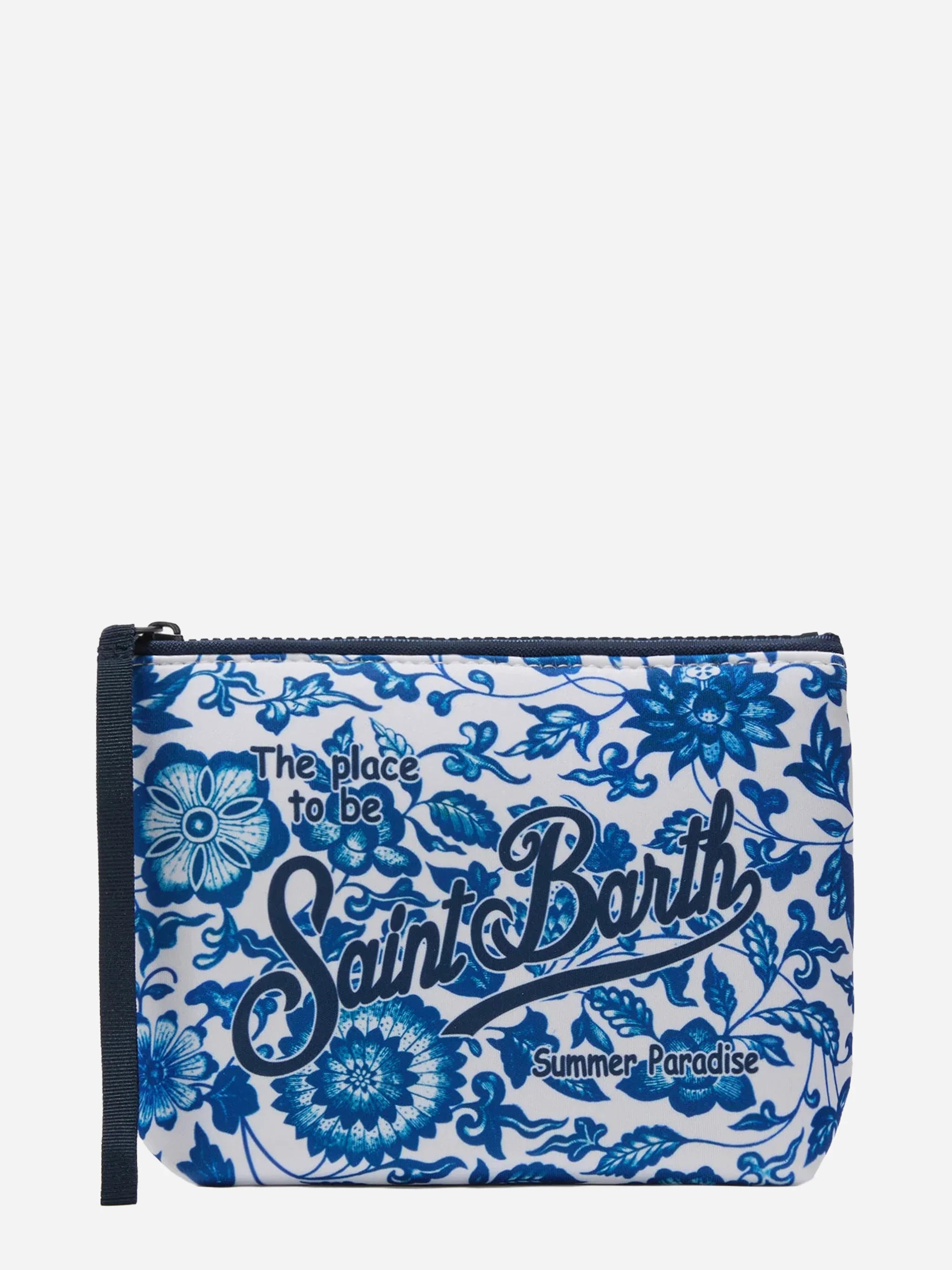 Pochette Aline in scuba con stampa maiolica fiorata blu