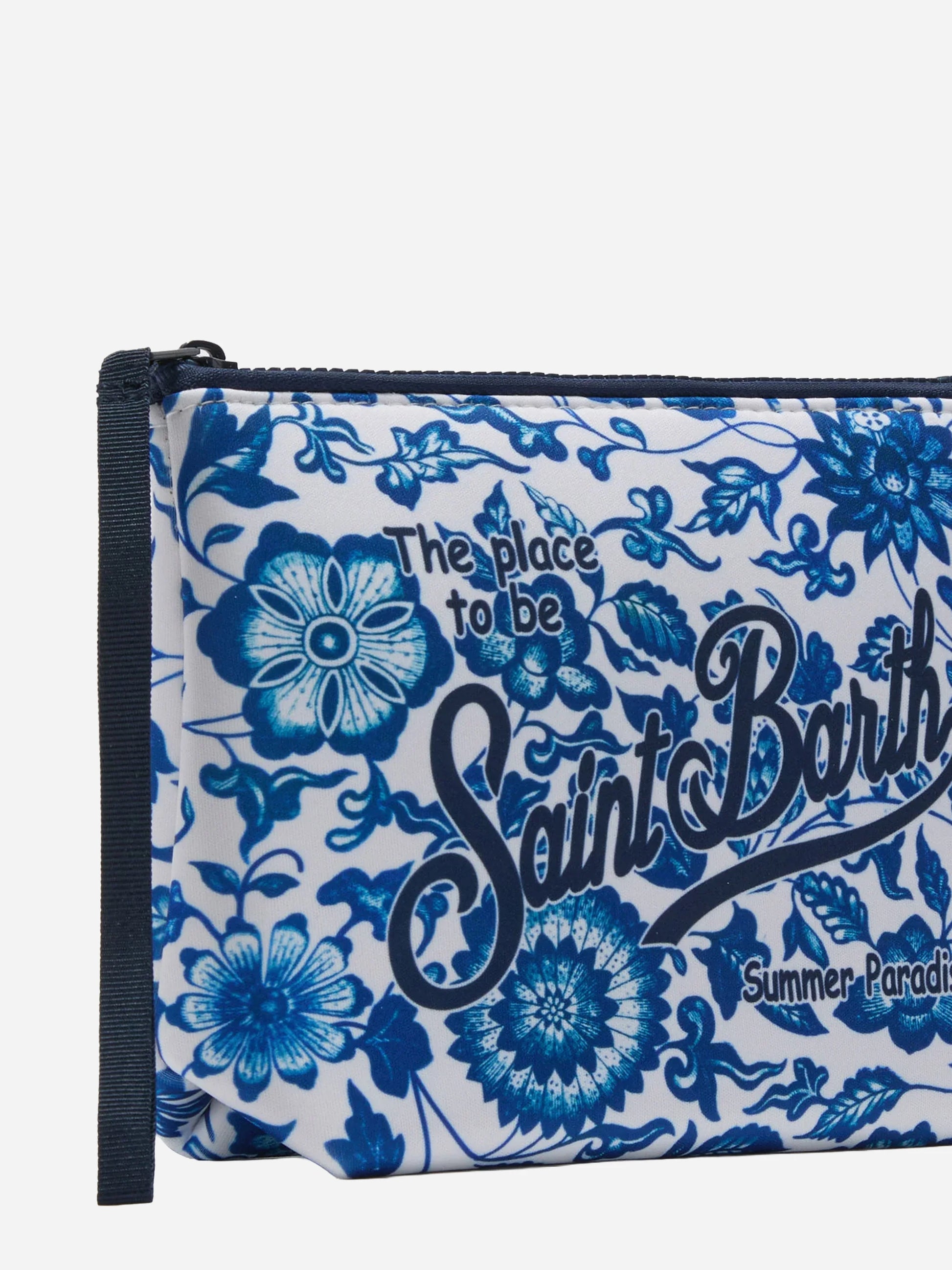 Pochette Aline in scuba con stampa maiolica fiorata blu