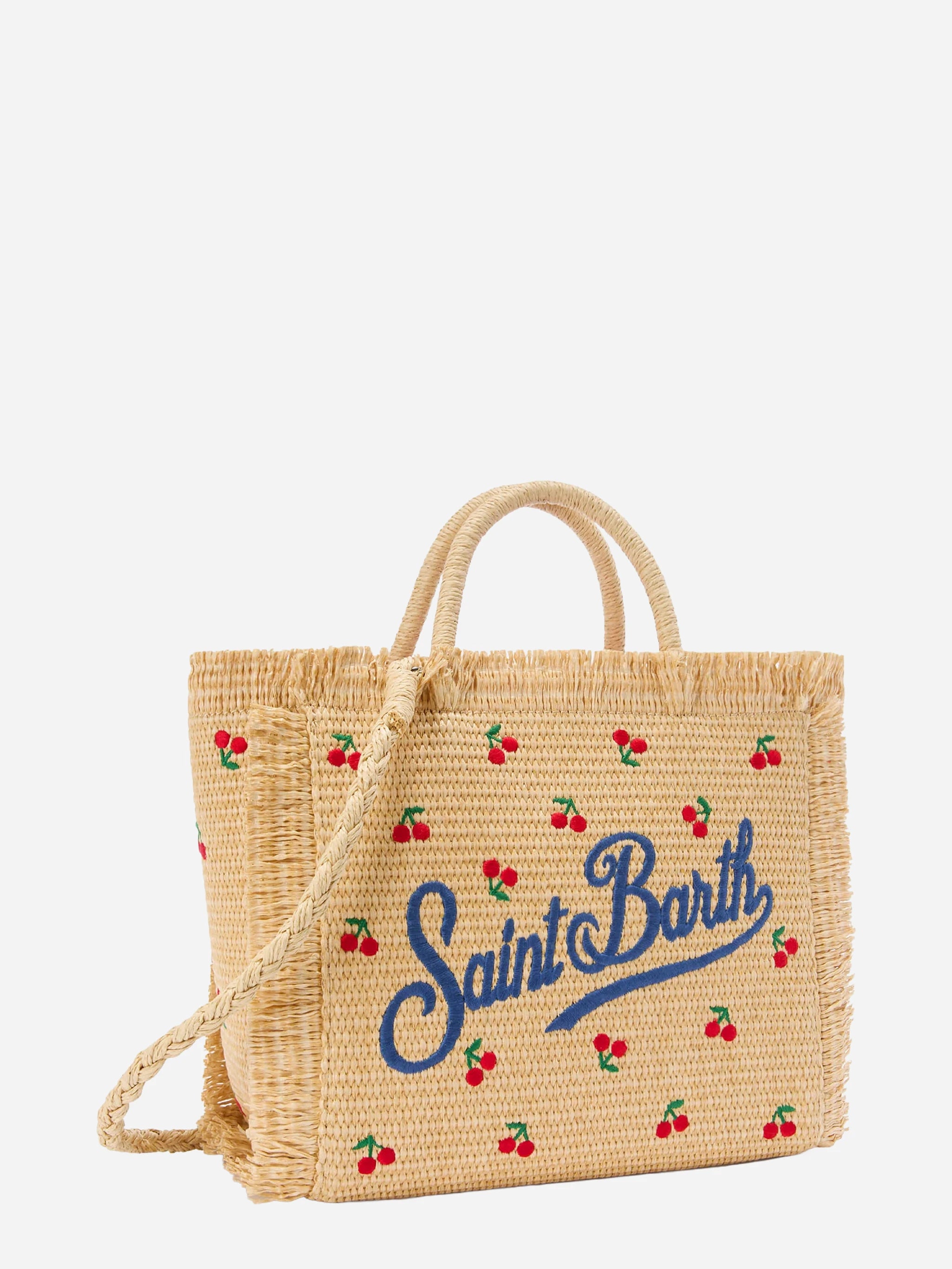 Borsa Colette in tessuto effetto paglia con ricami ciliegie