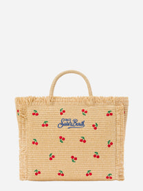 Borsa Colette in tessuto effetto paglia con ricami ciliegie