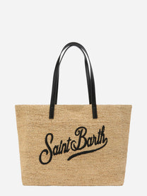 Borsa City in raffia con logo nero ricamato a contrasto