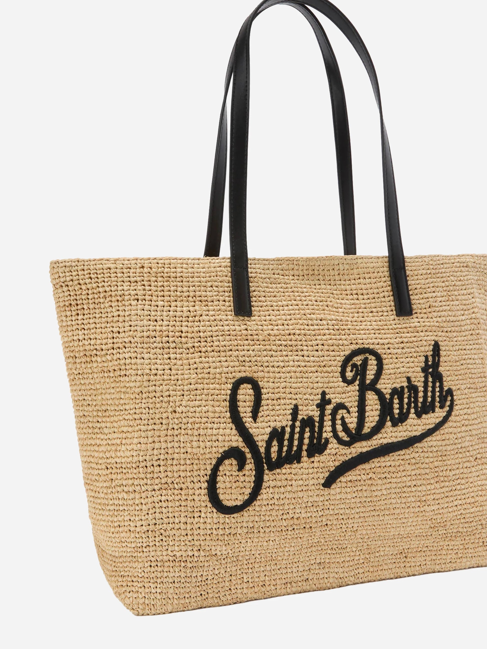 Borsa City in raffia con logo nero ricamato a contrasto