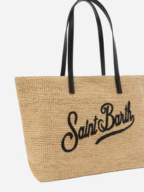 Borsa City in raffia con logo nero ricamato a contrasto