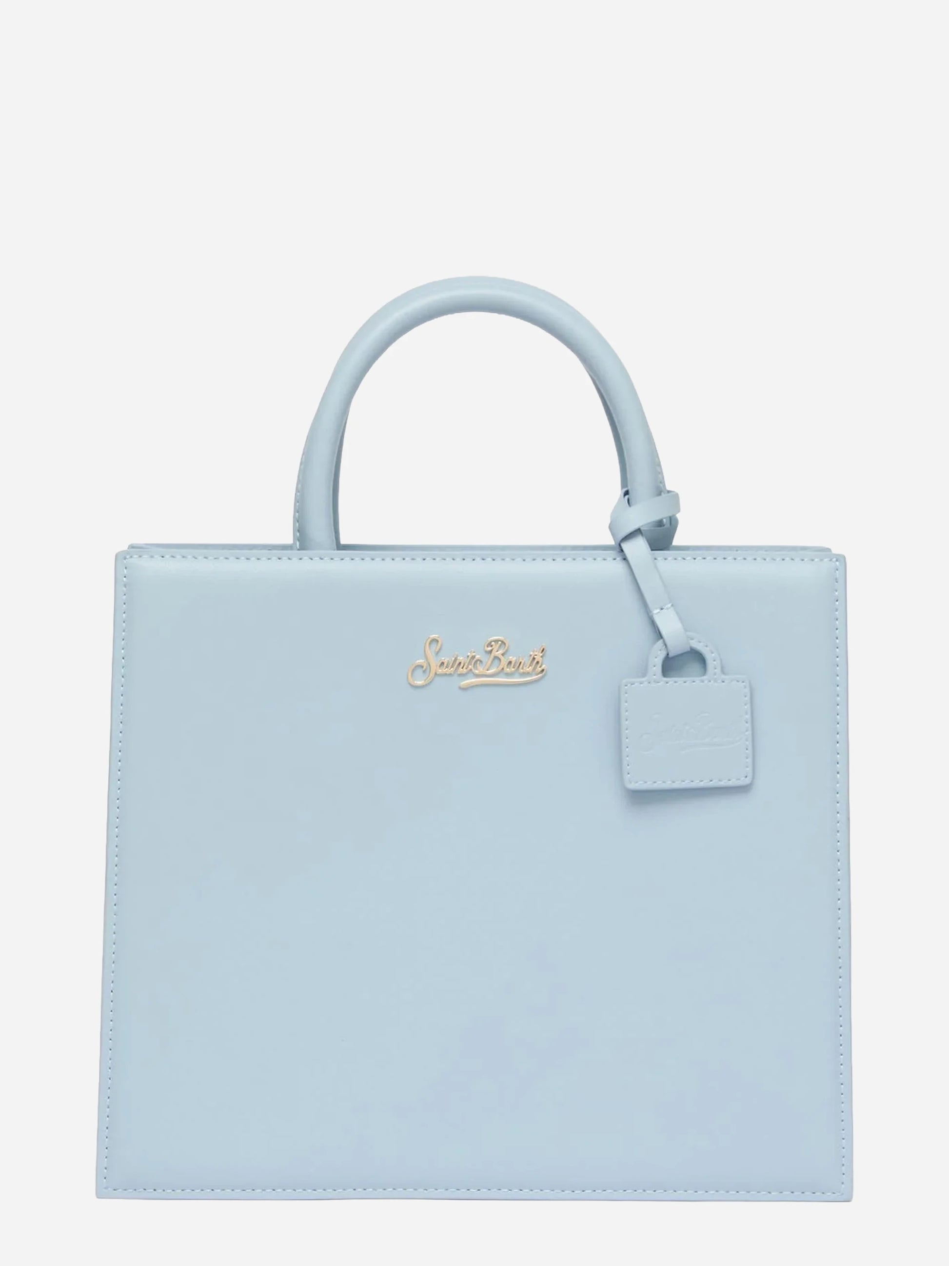Borsa Shop Midi strutturata in pelle liscia azzurra con targhetta metallica