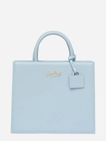 Borsa Shop Midi strutturata in pelle liscia azzurra con targhetta metallica