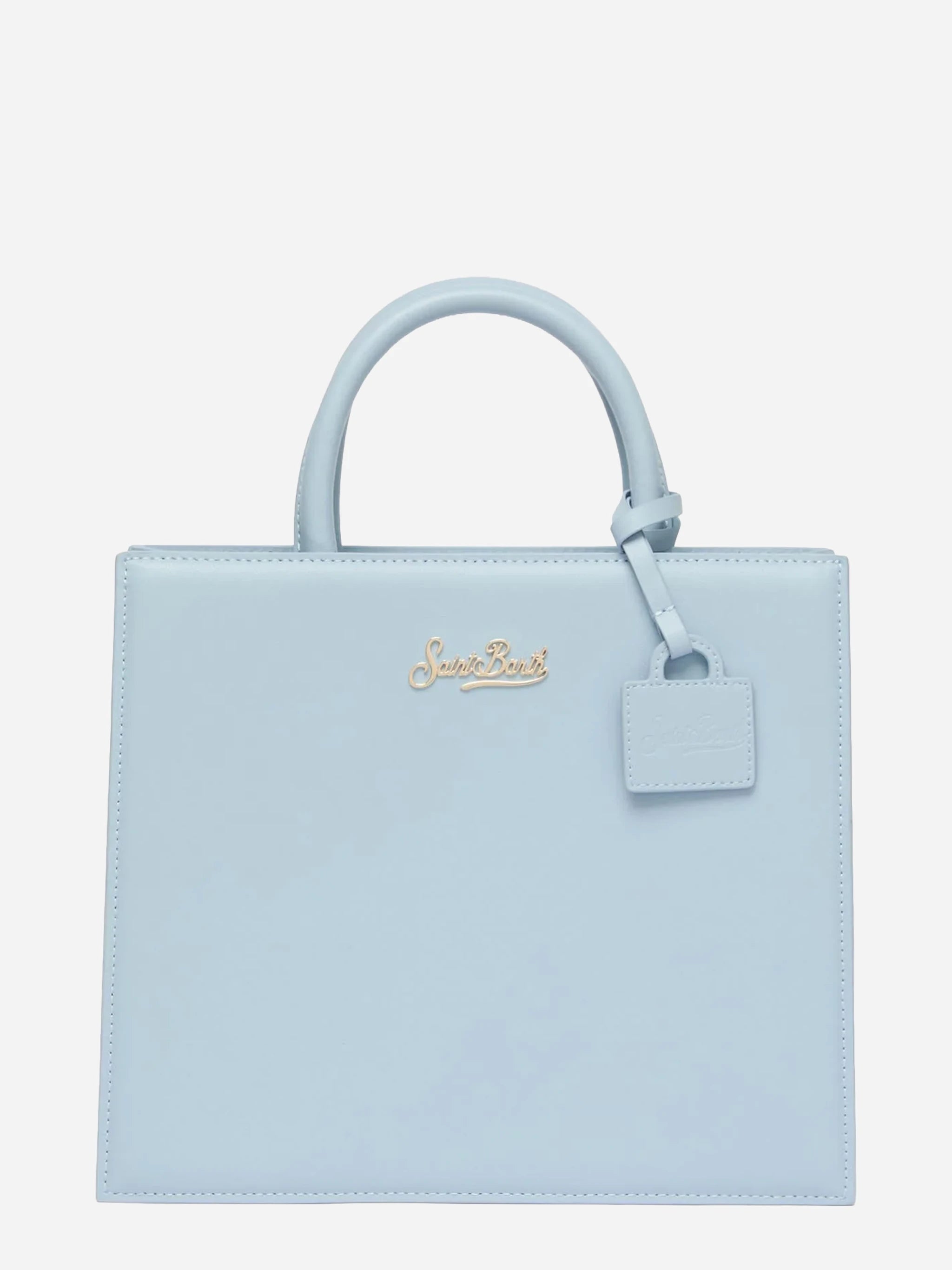 Borsa Shop Midi strutturata in pelle liscia azzurra con targhetta metallica