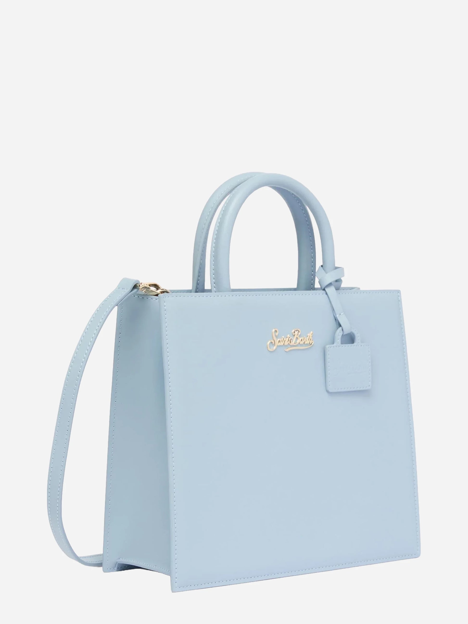 Borsa Shop Midi strutturata in pelle liscia azzurra con targhetta metallica