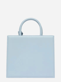 Borsa Shop Midi strutturata in pelle liscia azzurra con targhetta metallica