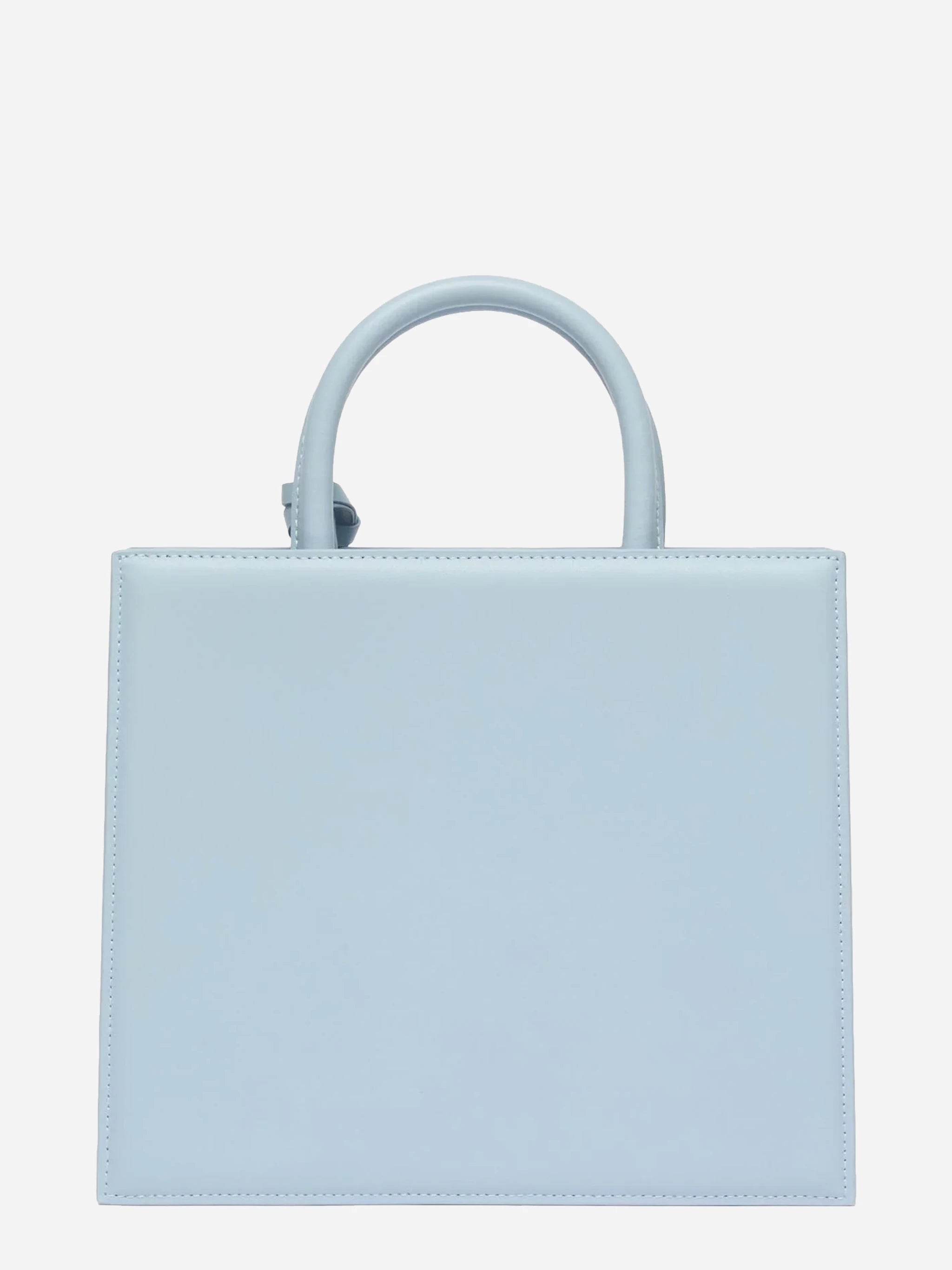 Borsa Shop Midi strutturata in pelle liscia azzurra con targhetta metallica