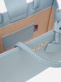 Borsa Shop Midi strutturata in pelle liscia azzurra con targhetta metallica
