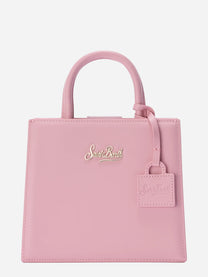 Borsa Shop mini strutturata in pelle liscia rosa con targhetta metallica