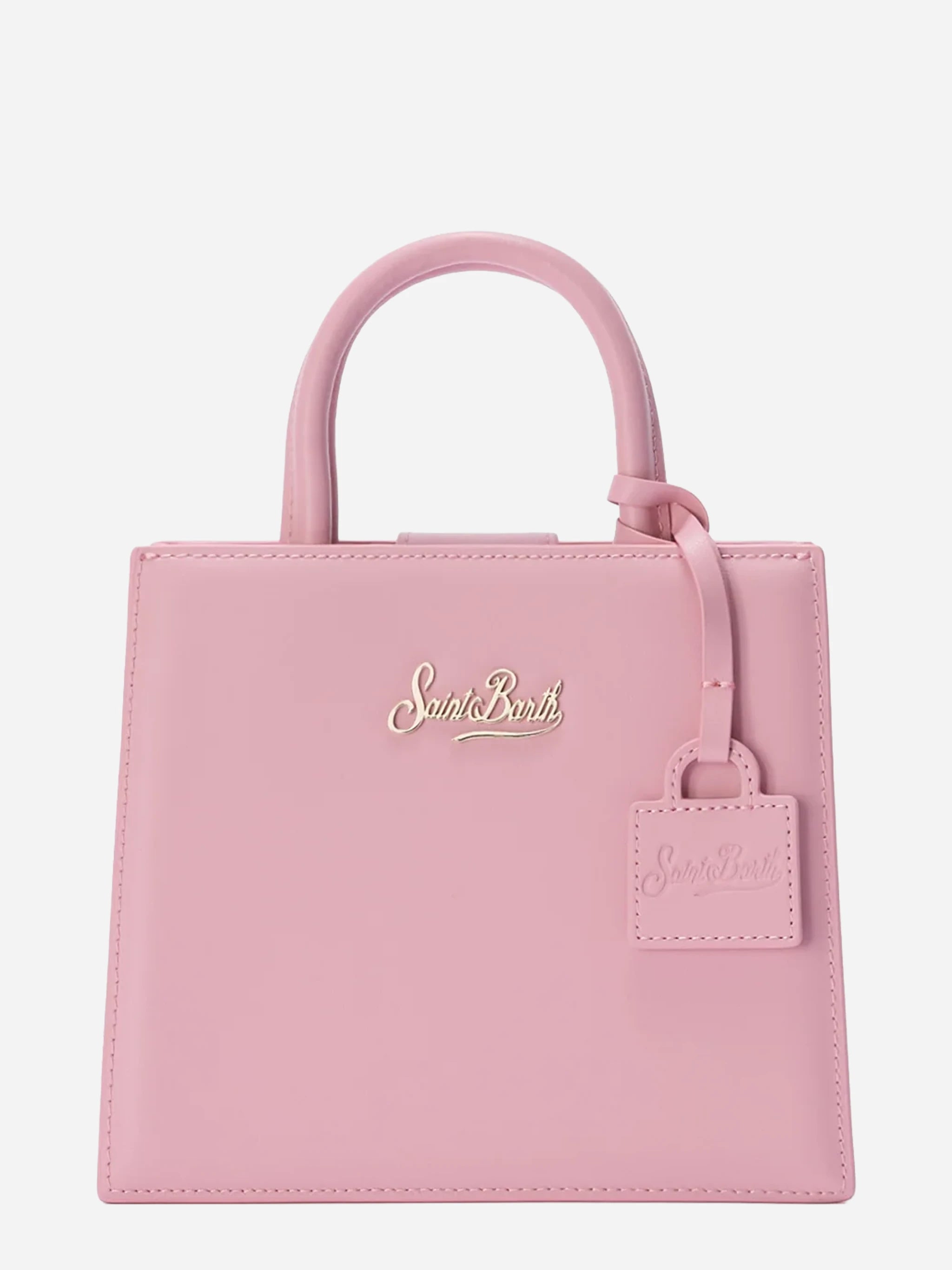 Borsa Shop mini strutturata in pelle liscia rosa con targhetta metallica