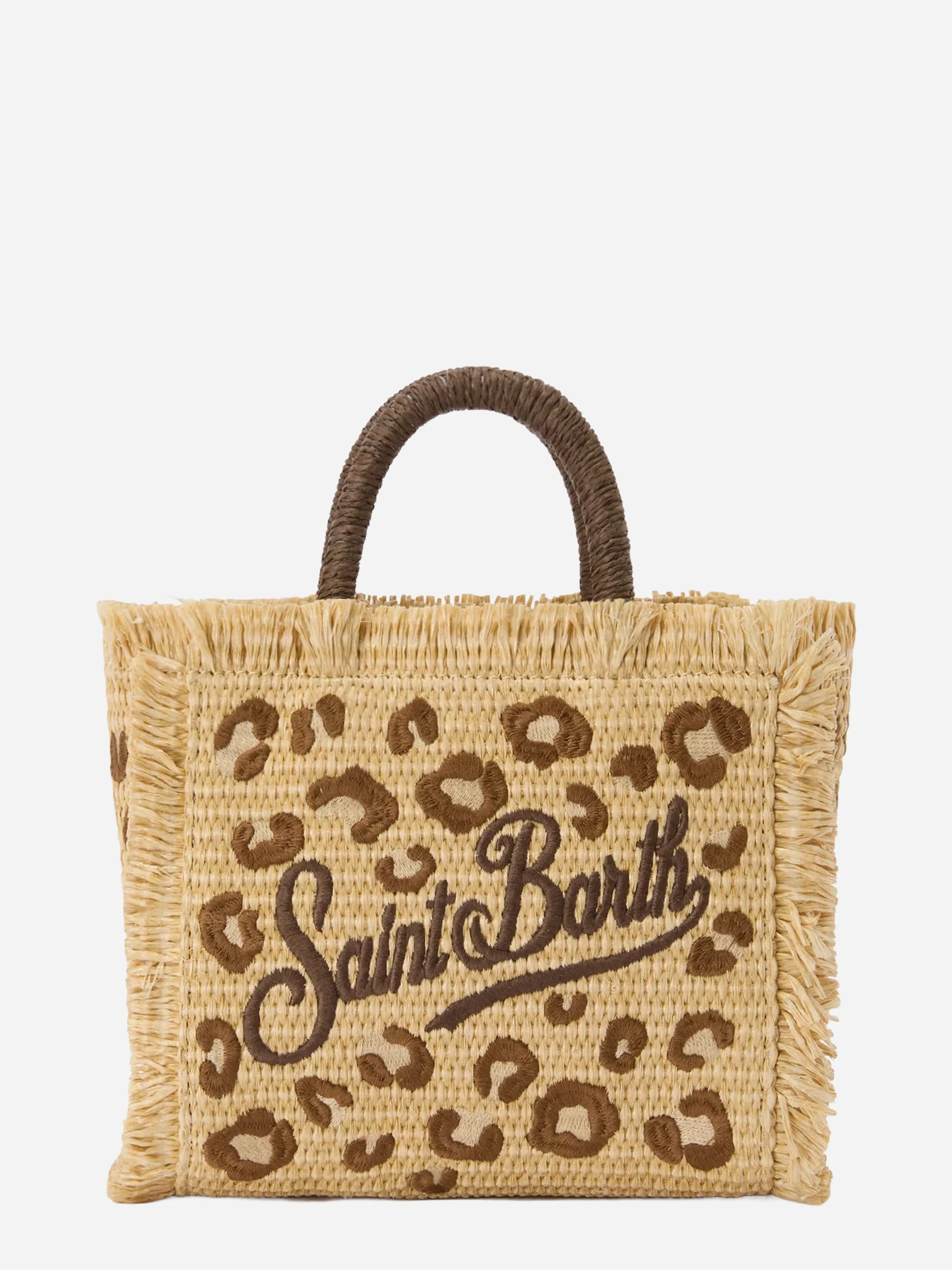 Borsa Vanity mini in tessuto effetto paglia con ricamo leopardato
