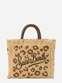 Borsa Vanity mini in tessuto effetto paglia con ricamo leopardato