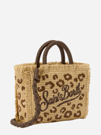 Borsa Vanity mini in tessuto effetto paglia con ricamo leopardato