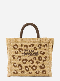 Borsa Vanity mini in tessuto effetto paglia con ricamo leopardato