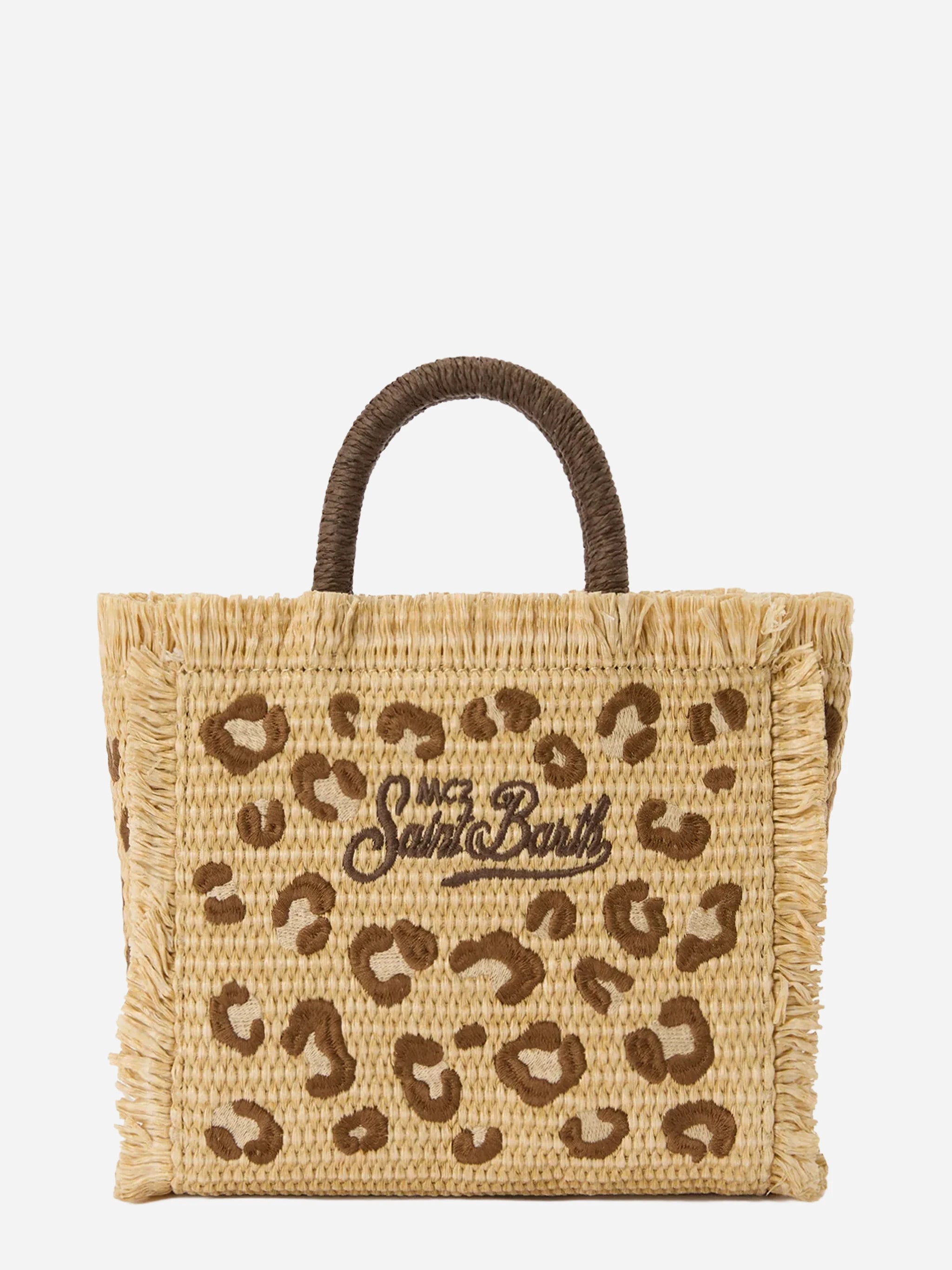 Borsa Vanity mini in tessuto effetto paglia con ricamo leopardato