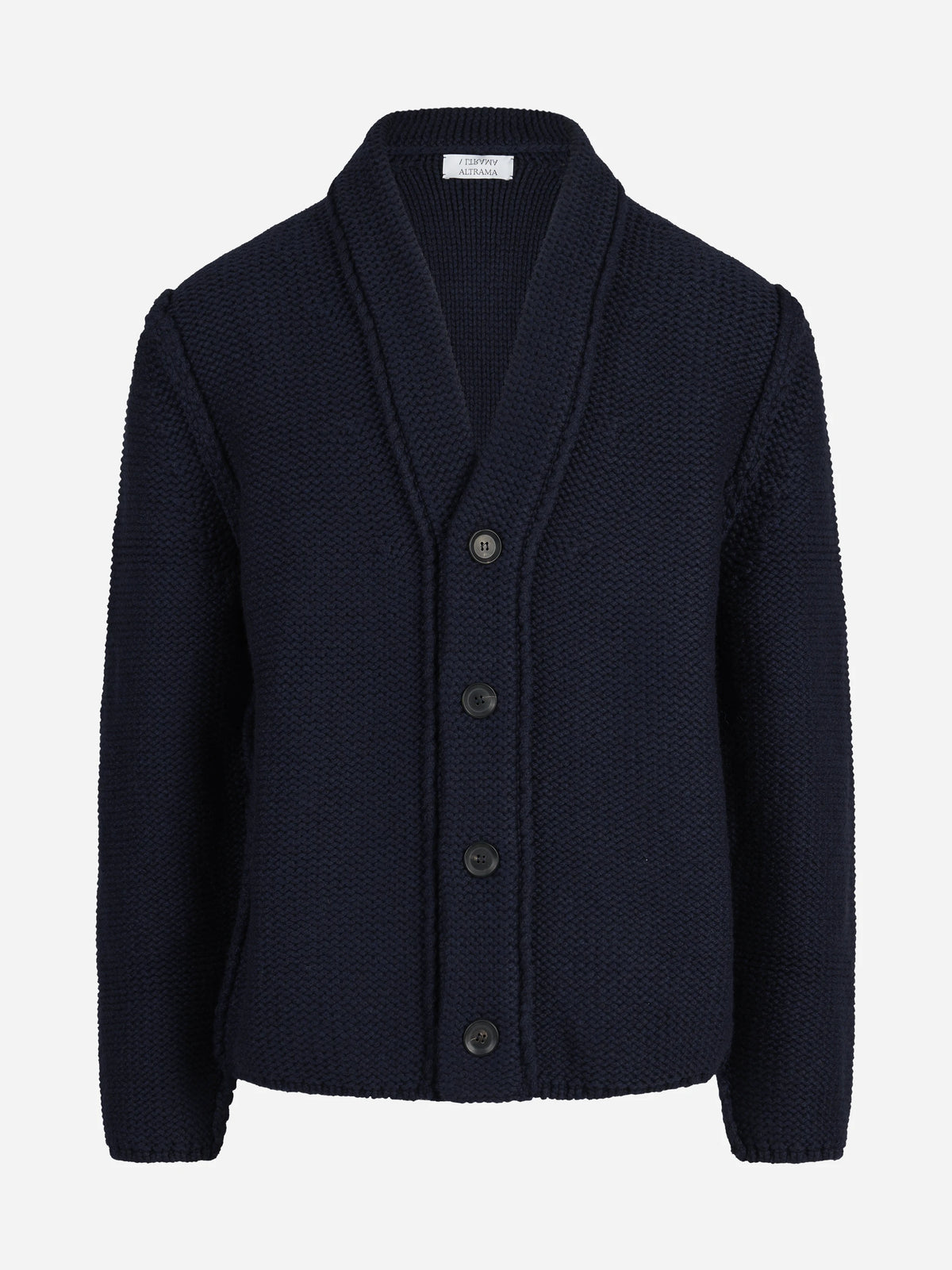 Cardigan in cashmere con collo sciallato blu - vista frontale