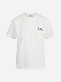 T-shirt in cotone con logo ricamato bianco - vista frontale