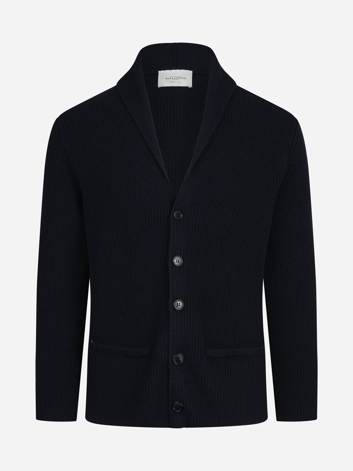 Cardigan a coste con collo a scialle blu - vista frontale