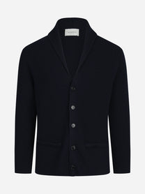 Cardigan a coste con collo a scialle blu - vista frontale