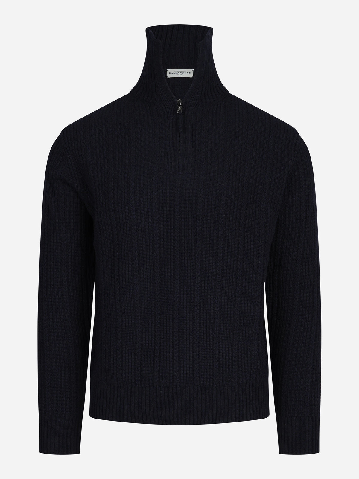 Polo in lana a coste con mezza zip blu - vista frontale