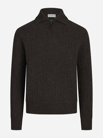 Polo in lana a coste con mezza zip marrone - vista frontale