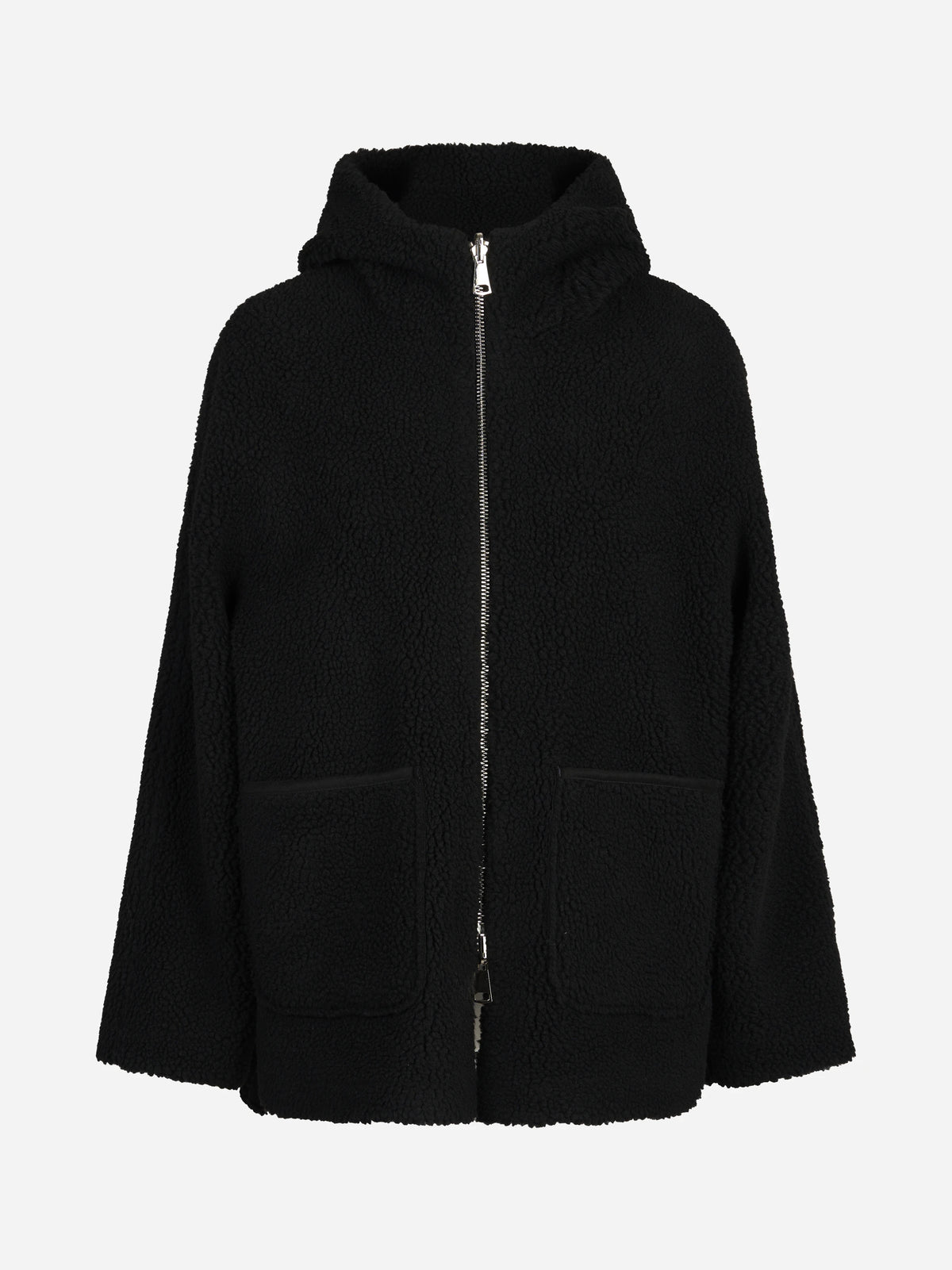 Giacca reversibile con cappuccio e tasche nera - vista frontale, lato teddy