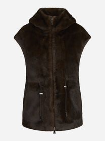 Gilet in pelliccia sintetica con cappuccio marrone - vista frontale