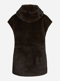 Gilet in pelliccia sintetica con cappuccio marrone - vista posteriore