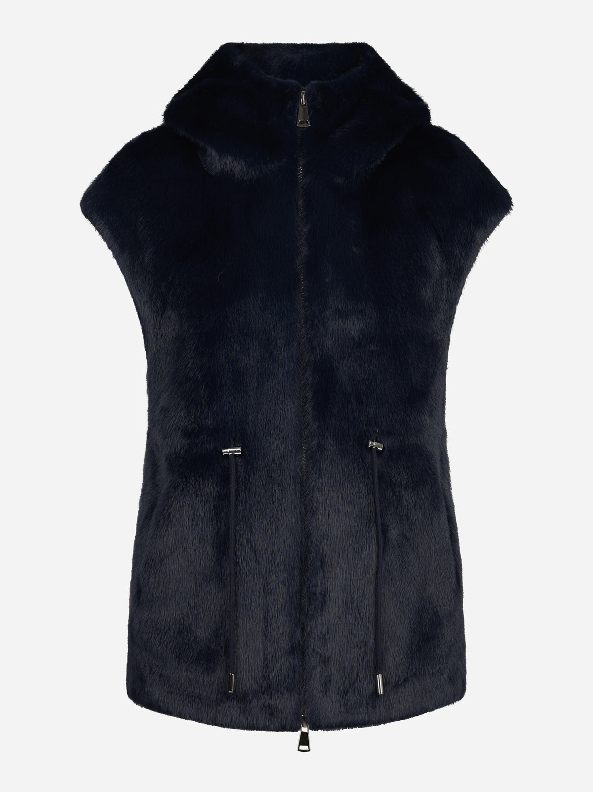Gilet in pelliccia sintetica con cappuccio blu - vista frontale