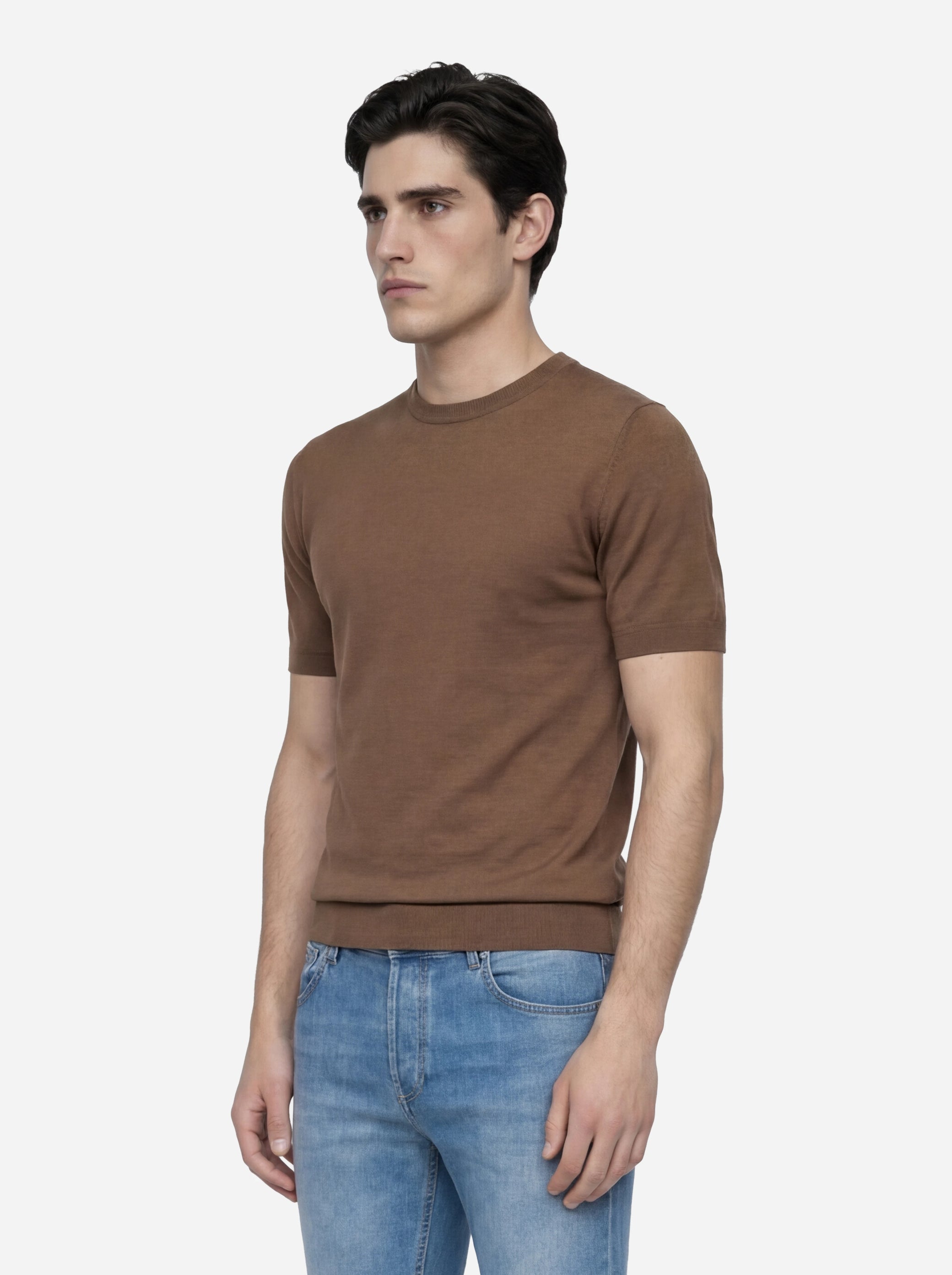 Maglia girocollo manica corta in cotone marrone